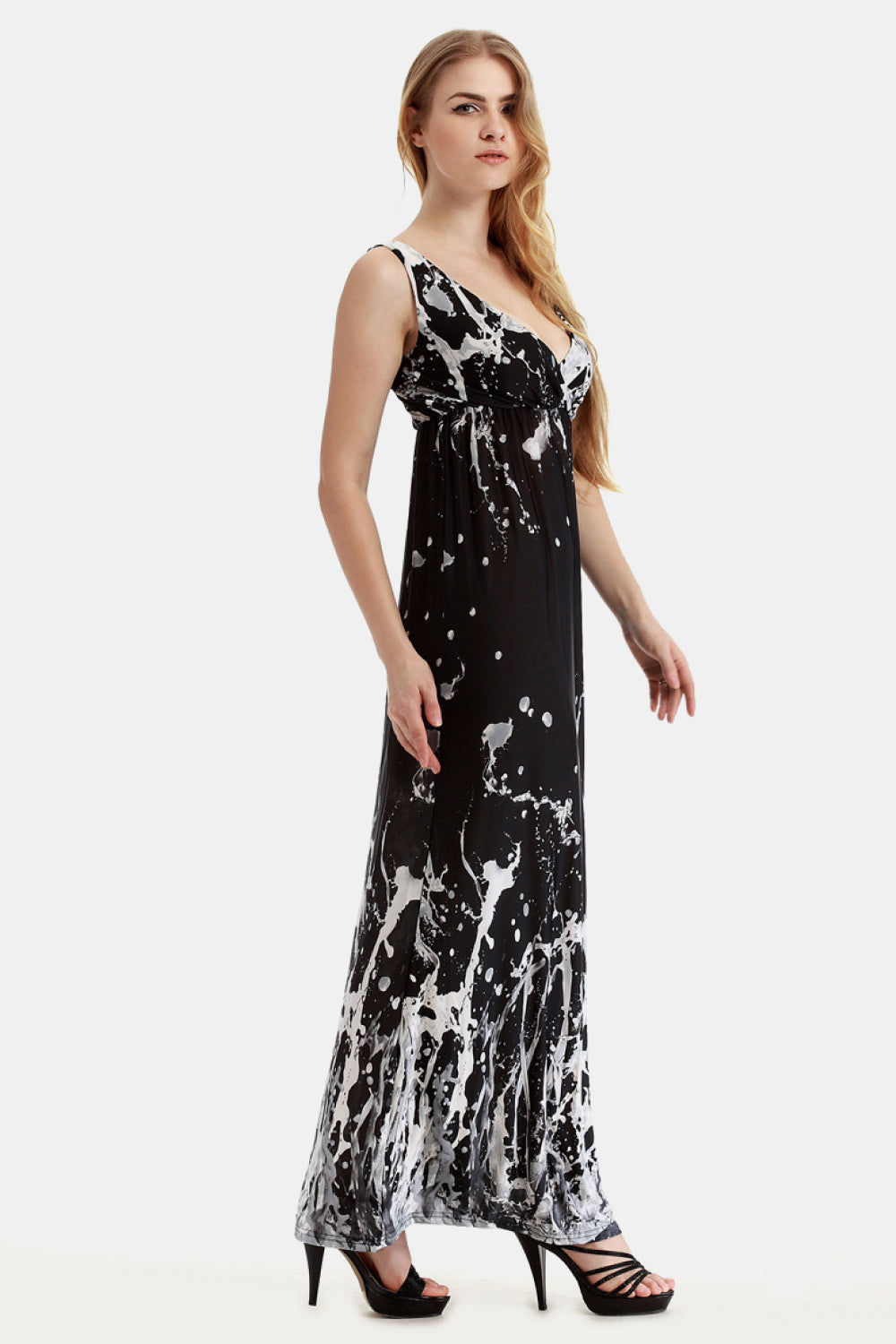 printed surplice neck sleeveless maxi dress