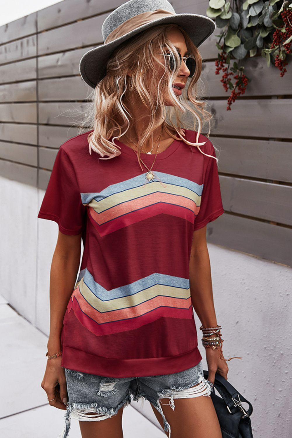 multicolored chevron stripe round neck side slit t-shirt