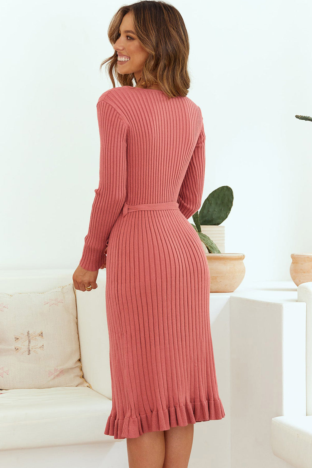 ribbed v-neck tie waist pencil dress