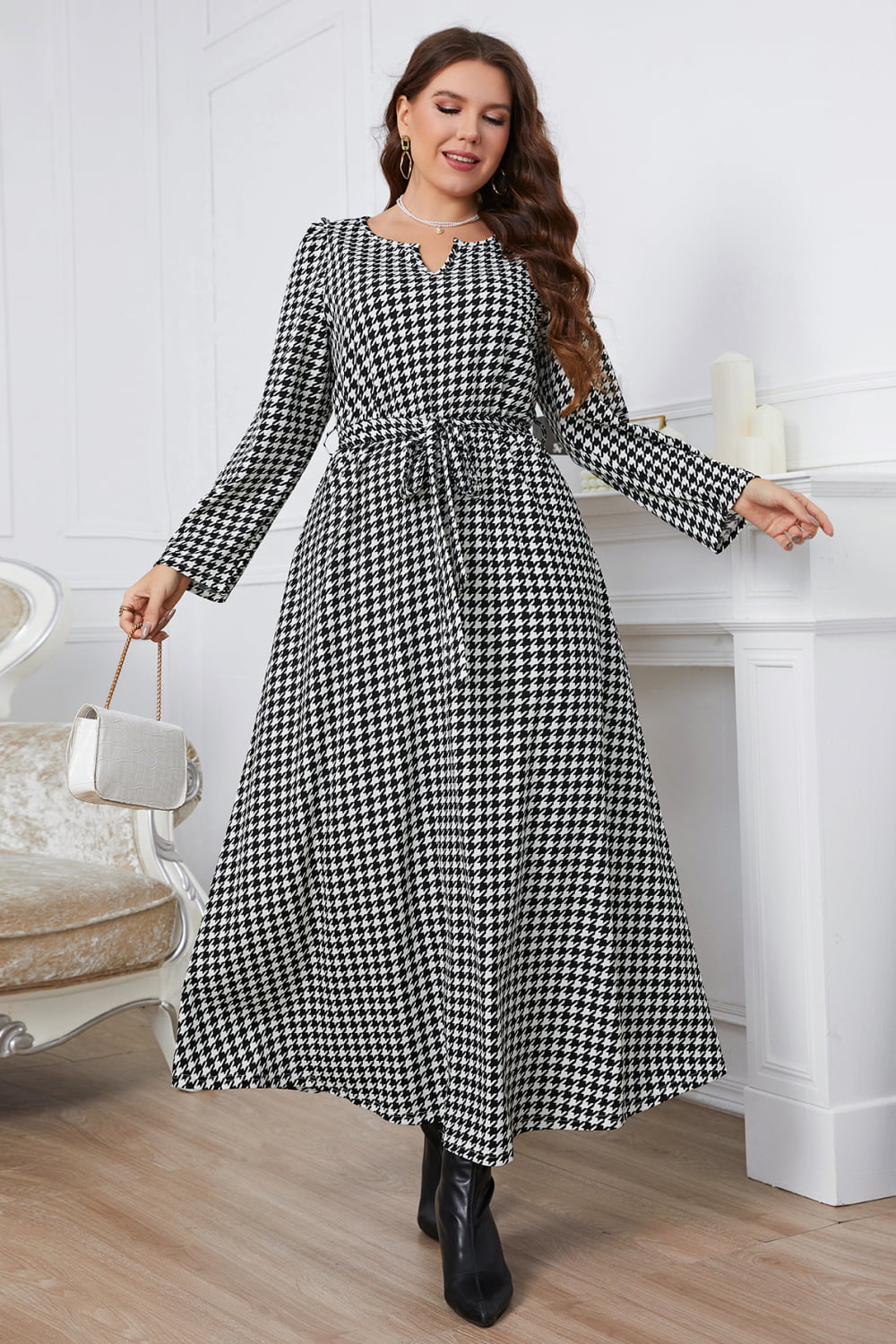 melo apparel plus size notched neck houndstooth tie belt maxi dress