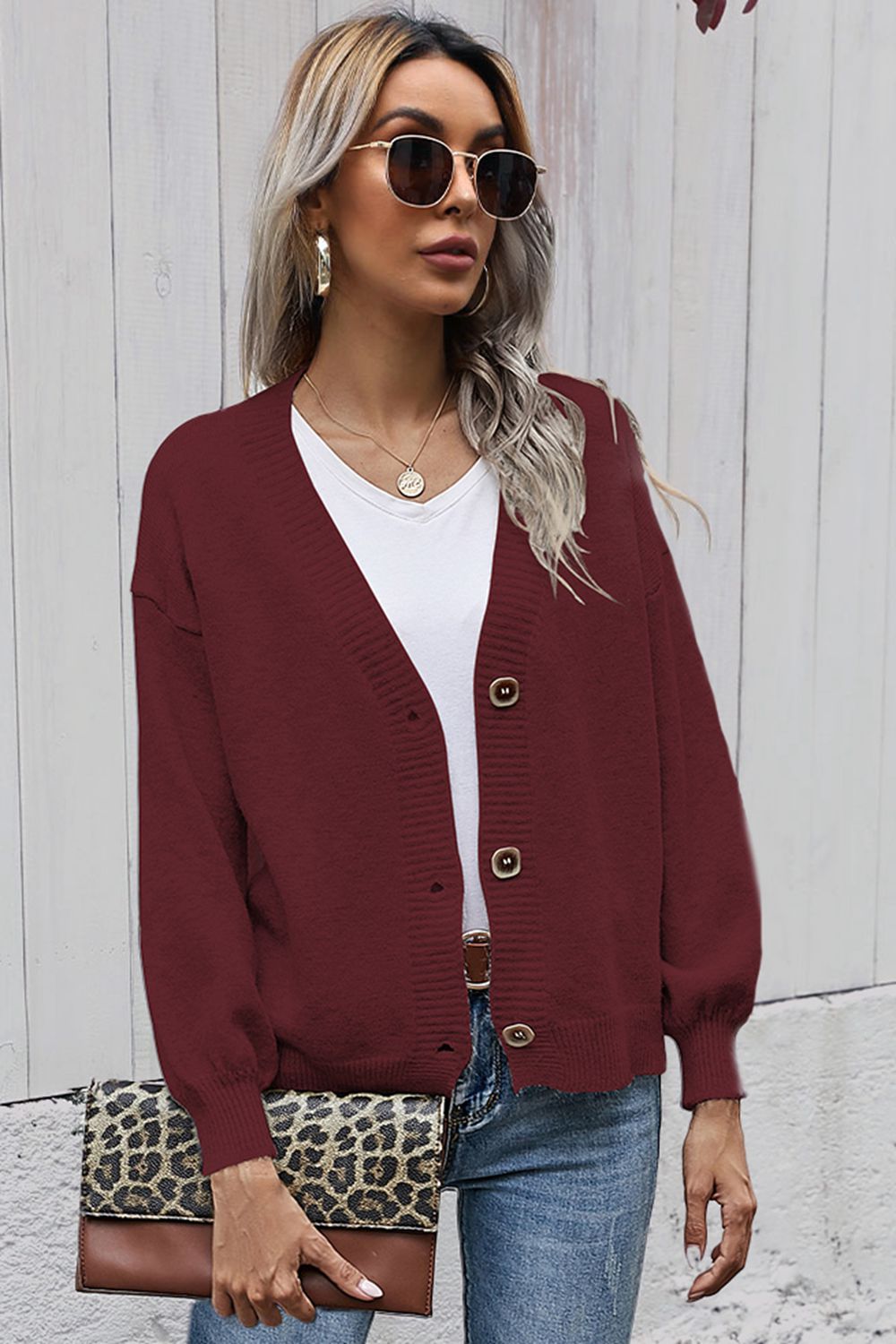 v-neck button-down dropped shoulder cardigan