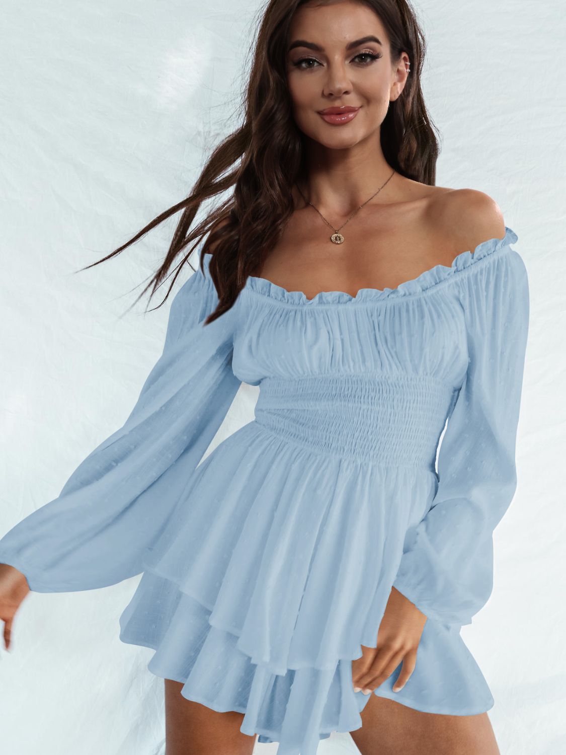 off shoulder smocked waist romper