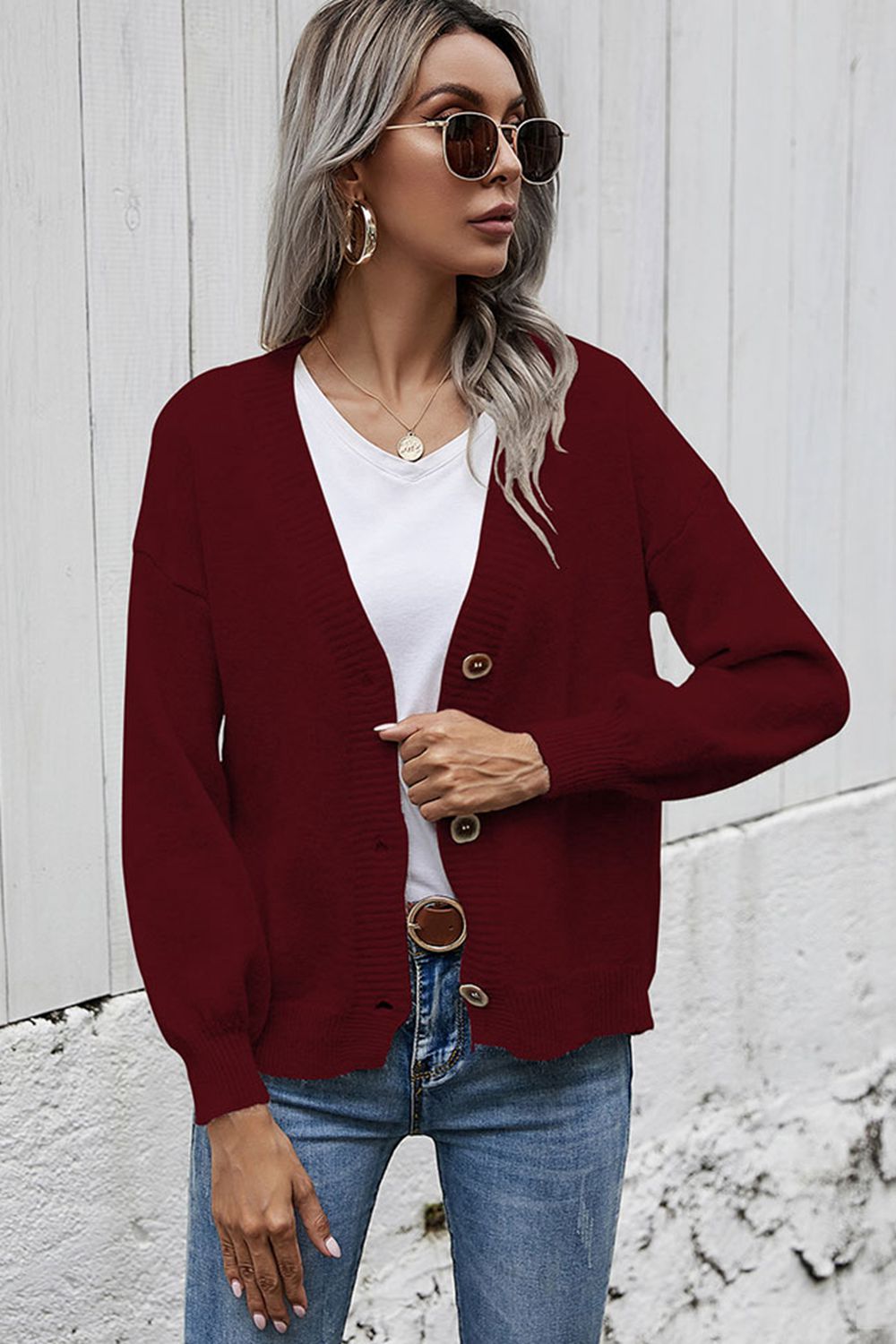 v-neck button-down dropped shoulder cardigan