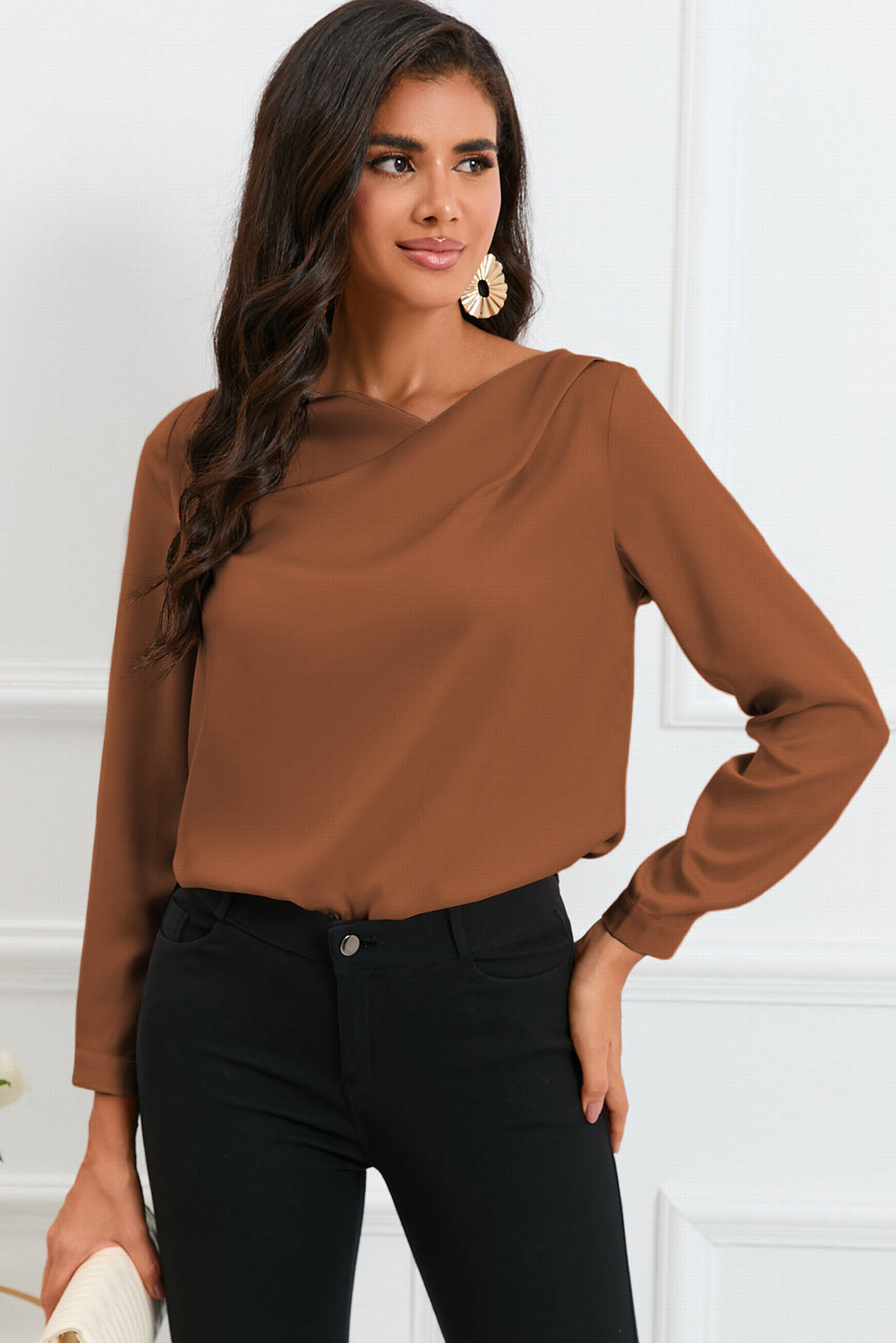 surplice neck long sleeve satin blouse