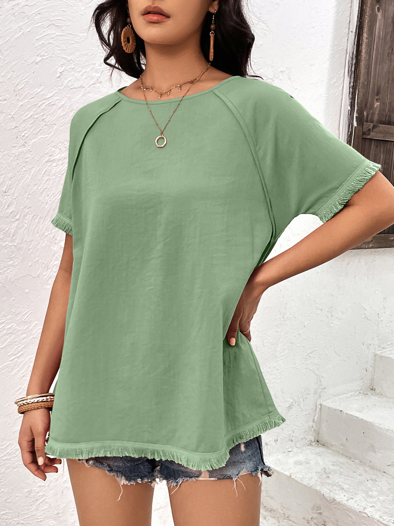 round neck raglan sleeve fringe detail top