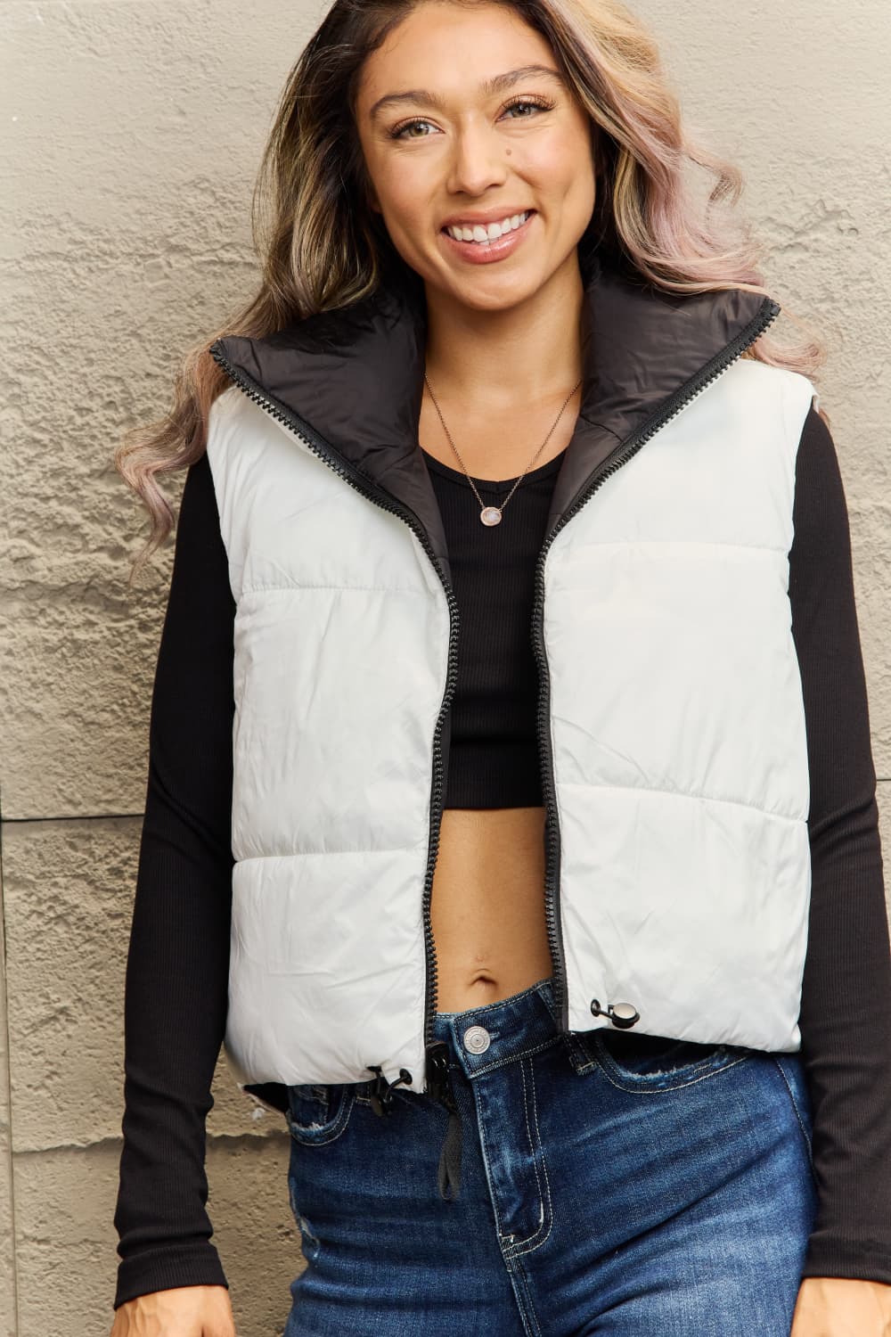 zip-up drawstring puffer vest