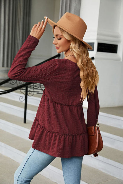 Long Sleeve V-Neck Cable-Knit Blouse