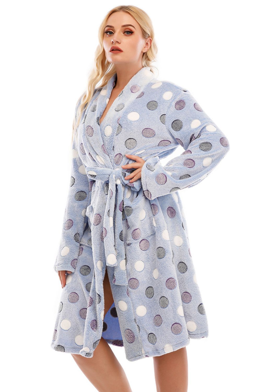 plus size printed tie waist robe with pocket