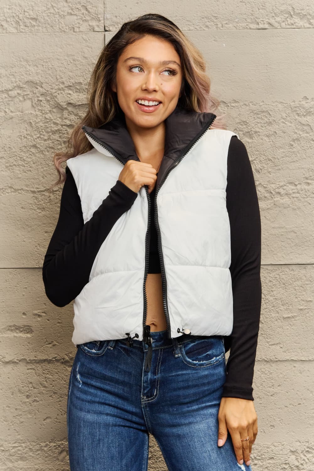 zip-up drawstring puffer vest