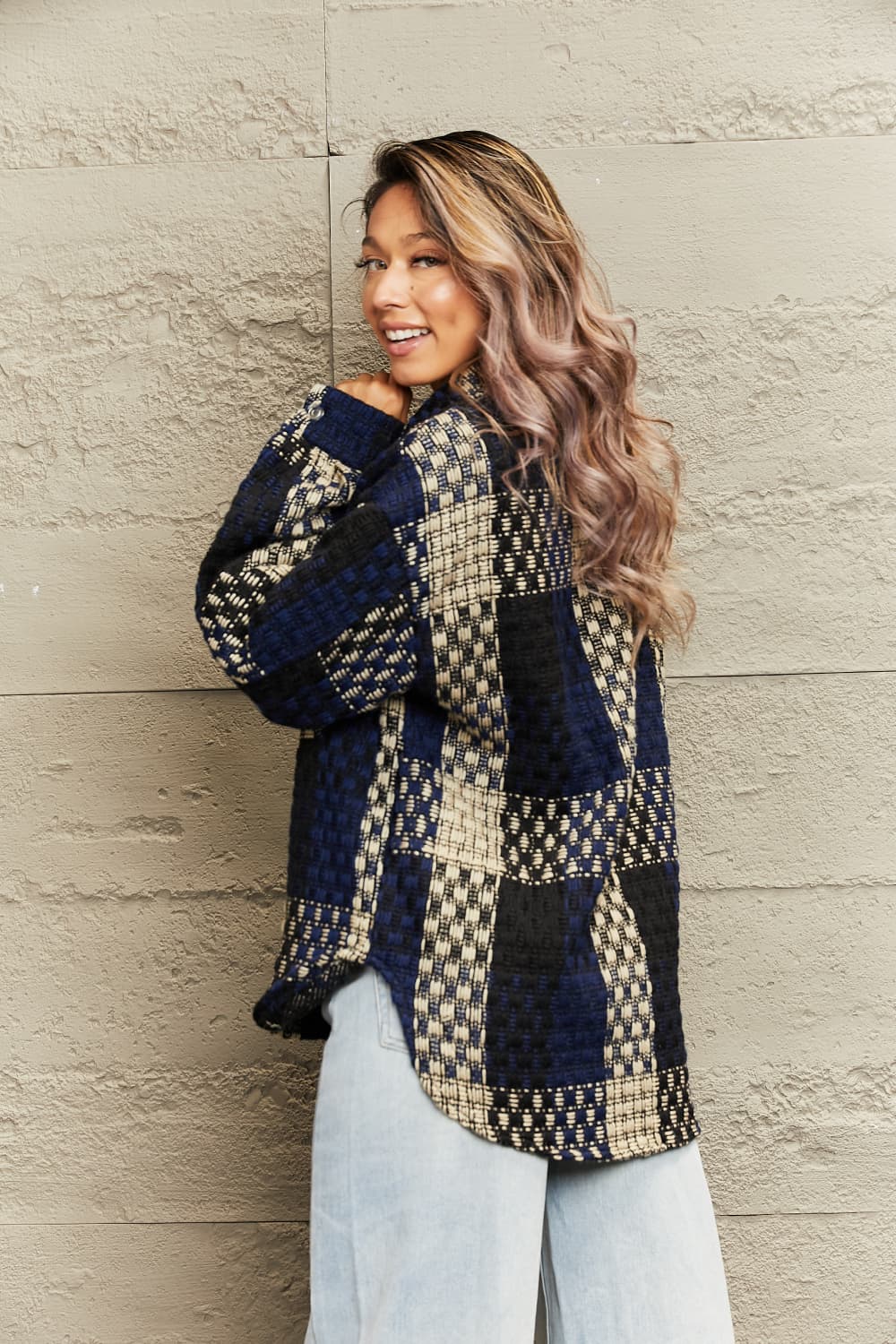 plaid collared neck drop shoulder jacket