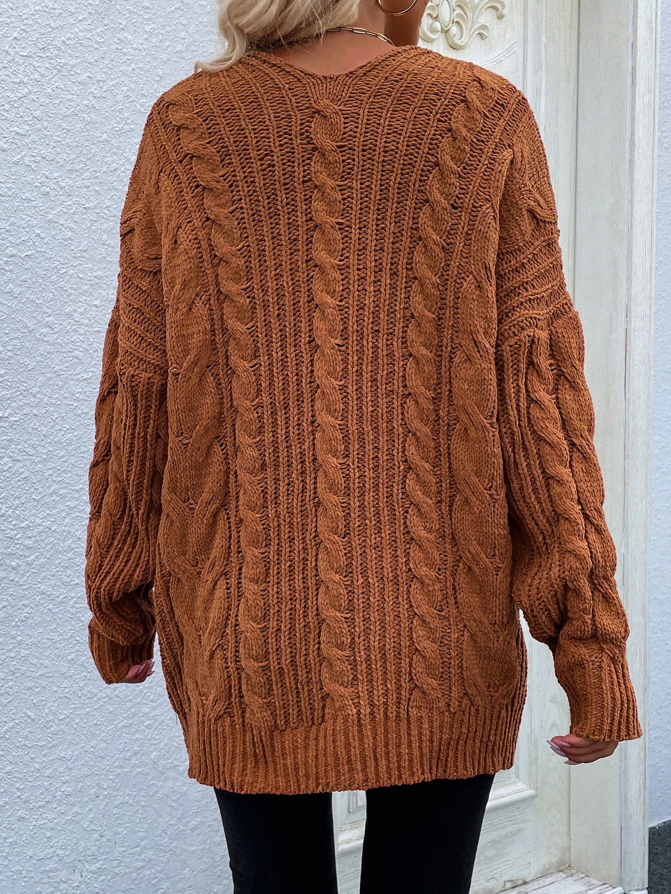 woven right cable-knit open front cardigan with front pockets