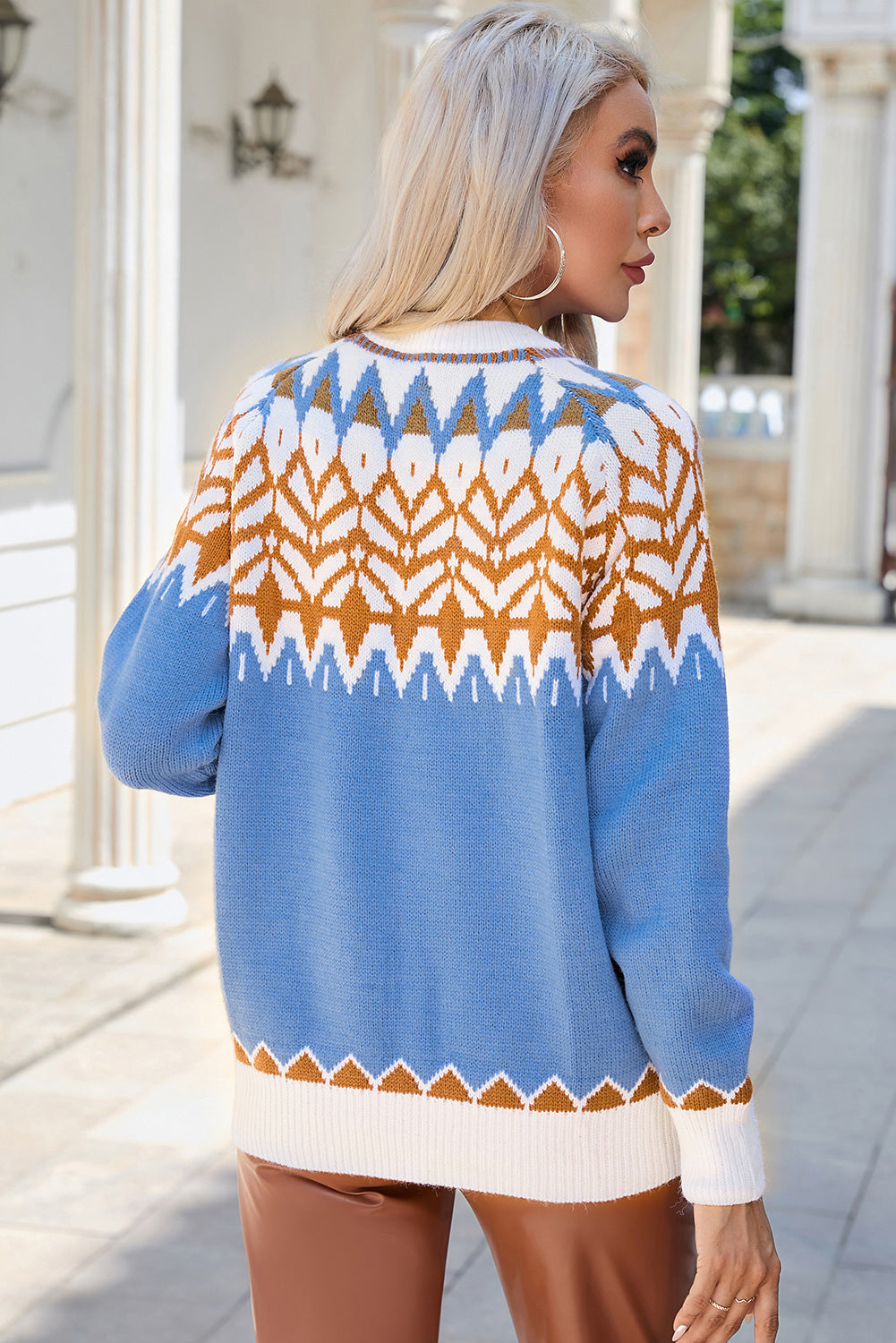 printed round neck long sleeve sweater