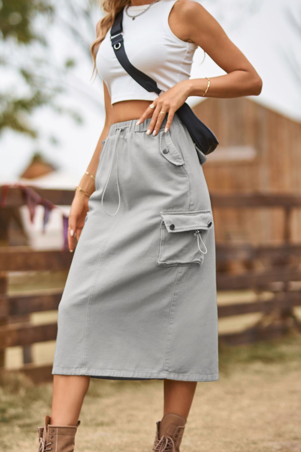 drawstring waist slit denim skirt