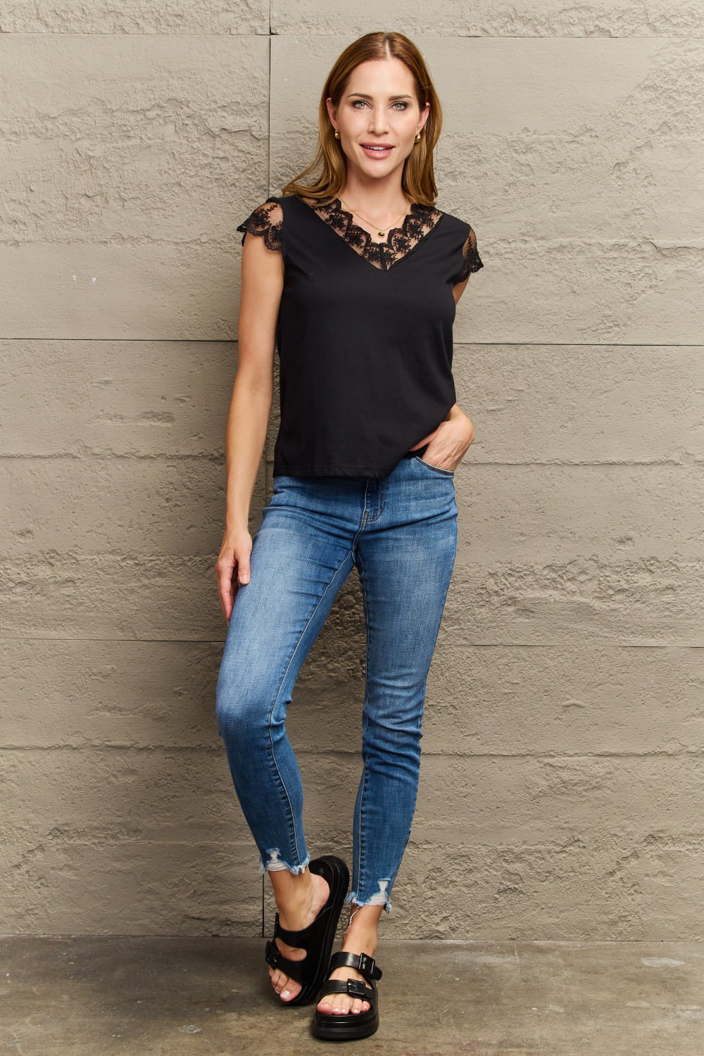 lace trim cap sleeve blouse