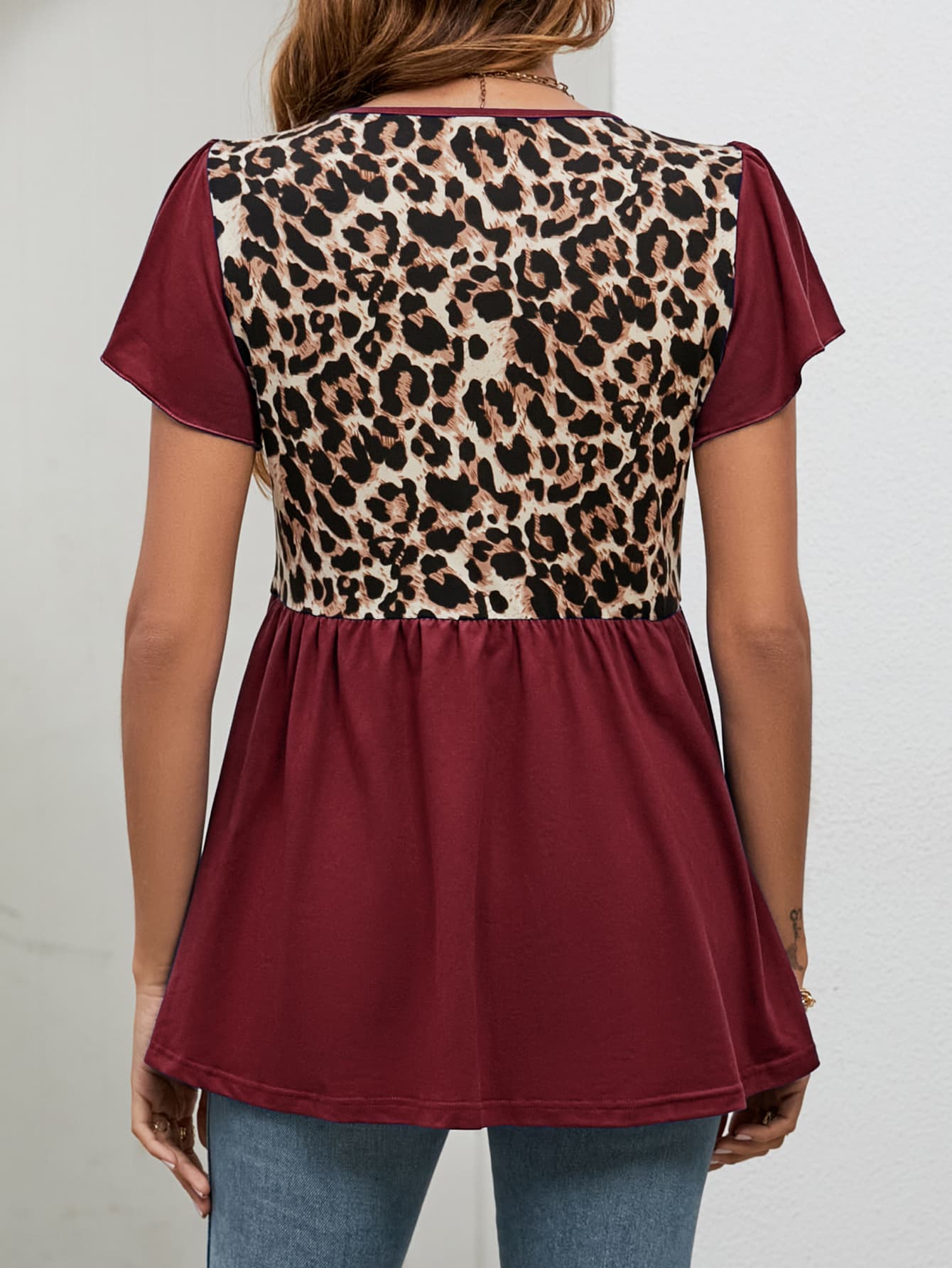 leopard round neck flutter sleeve babydoll blouse