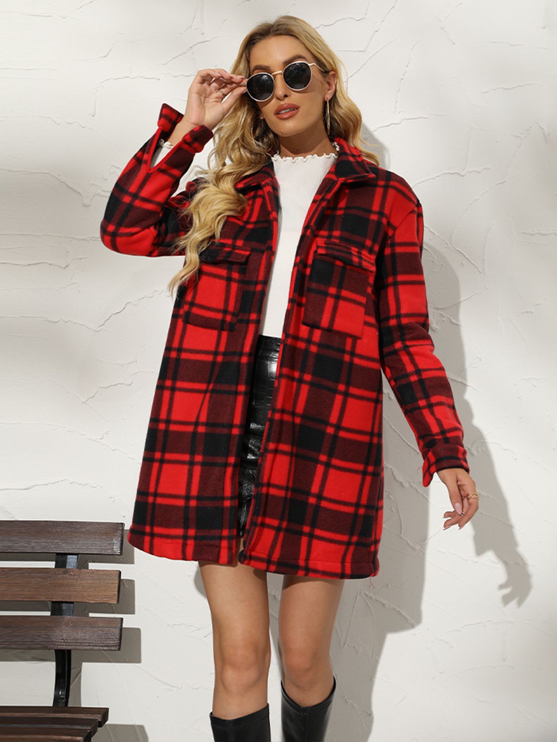 plaid collared longline coat