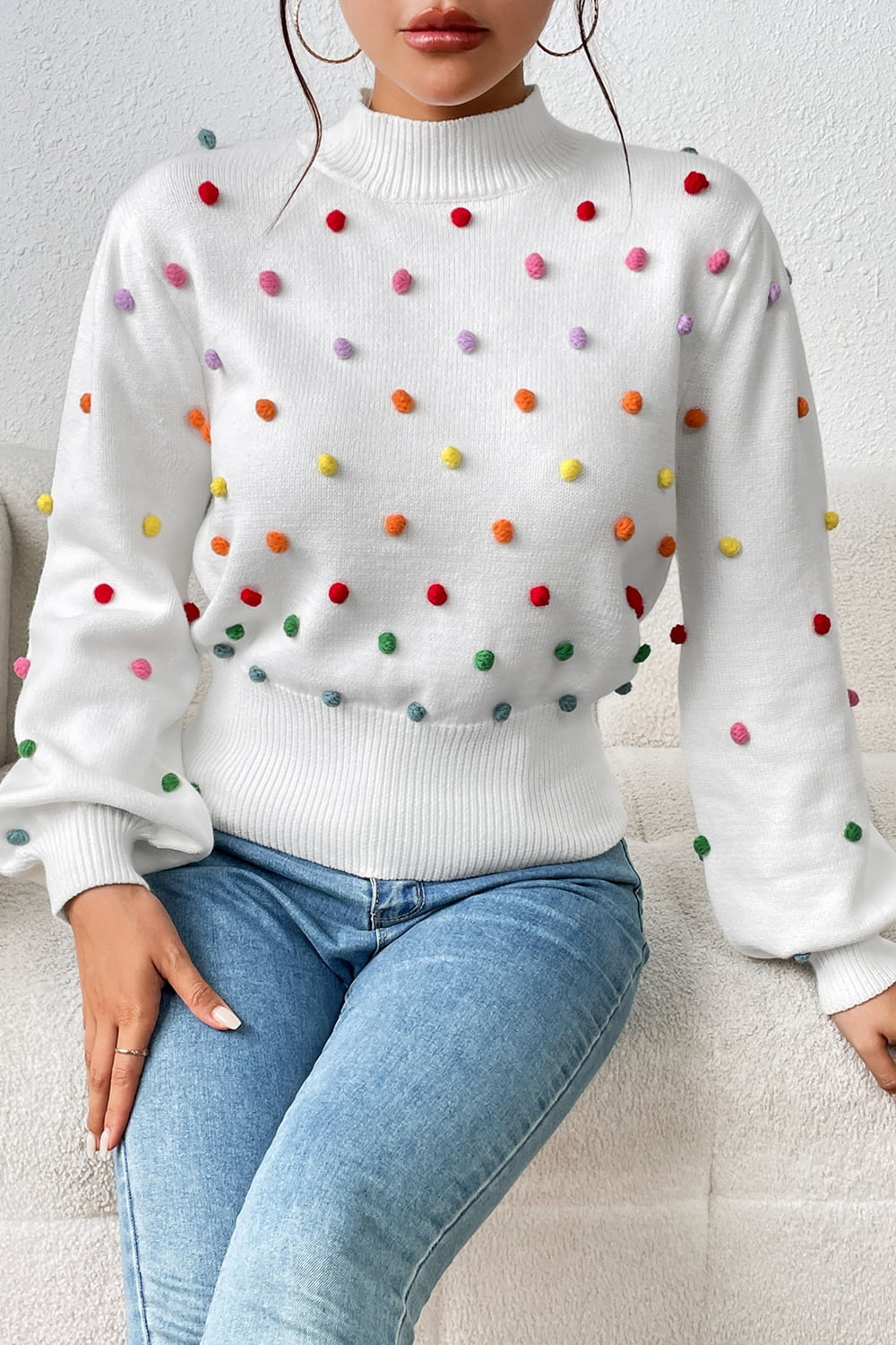 pom-pom trim mock neck long sleeve pullover sweater