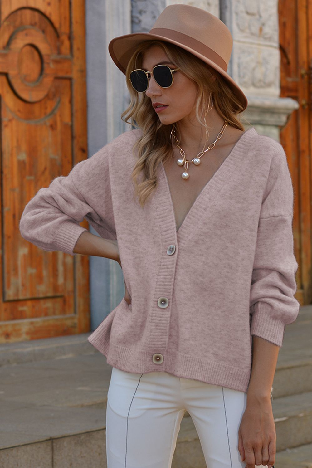 v-neck button-down dropped shoulder cardigan