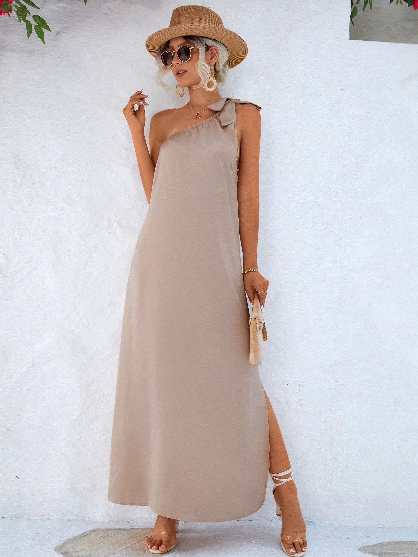 one-shoulder slit maxi dress