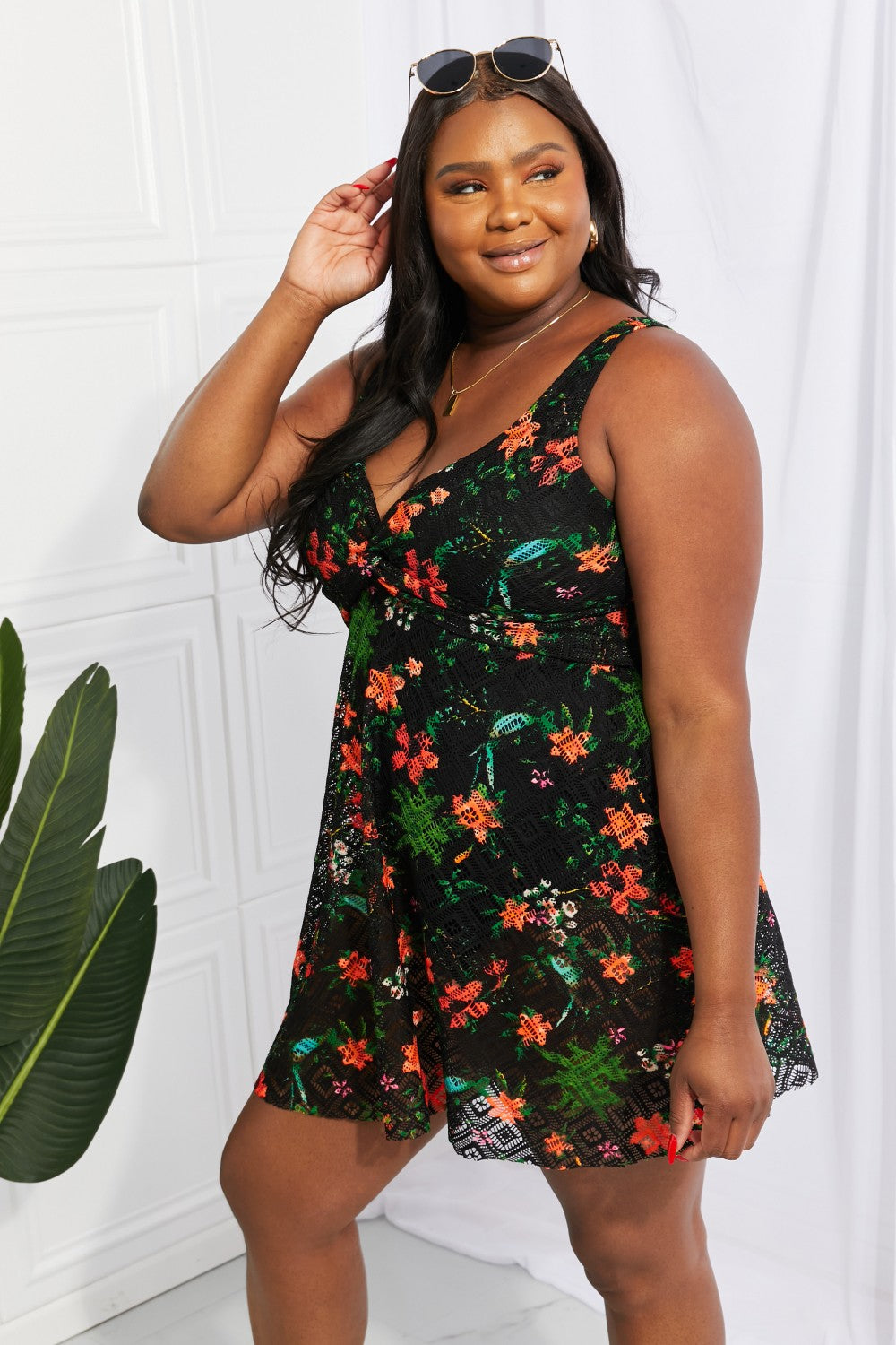 full size twist front sleeveless swim dress