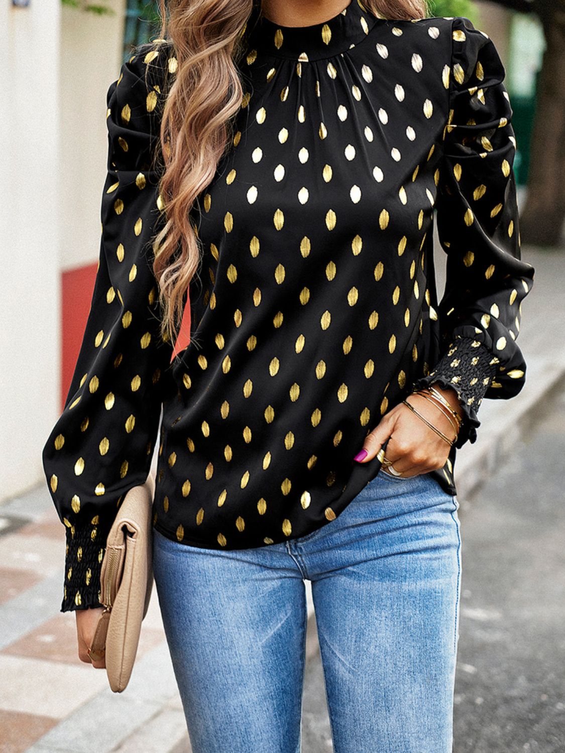 printed mock neck lantern sleeve blouse