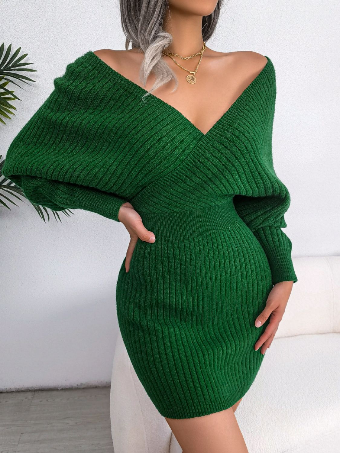 rib-knit dolman sleeve sweater dress