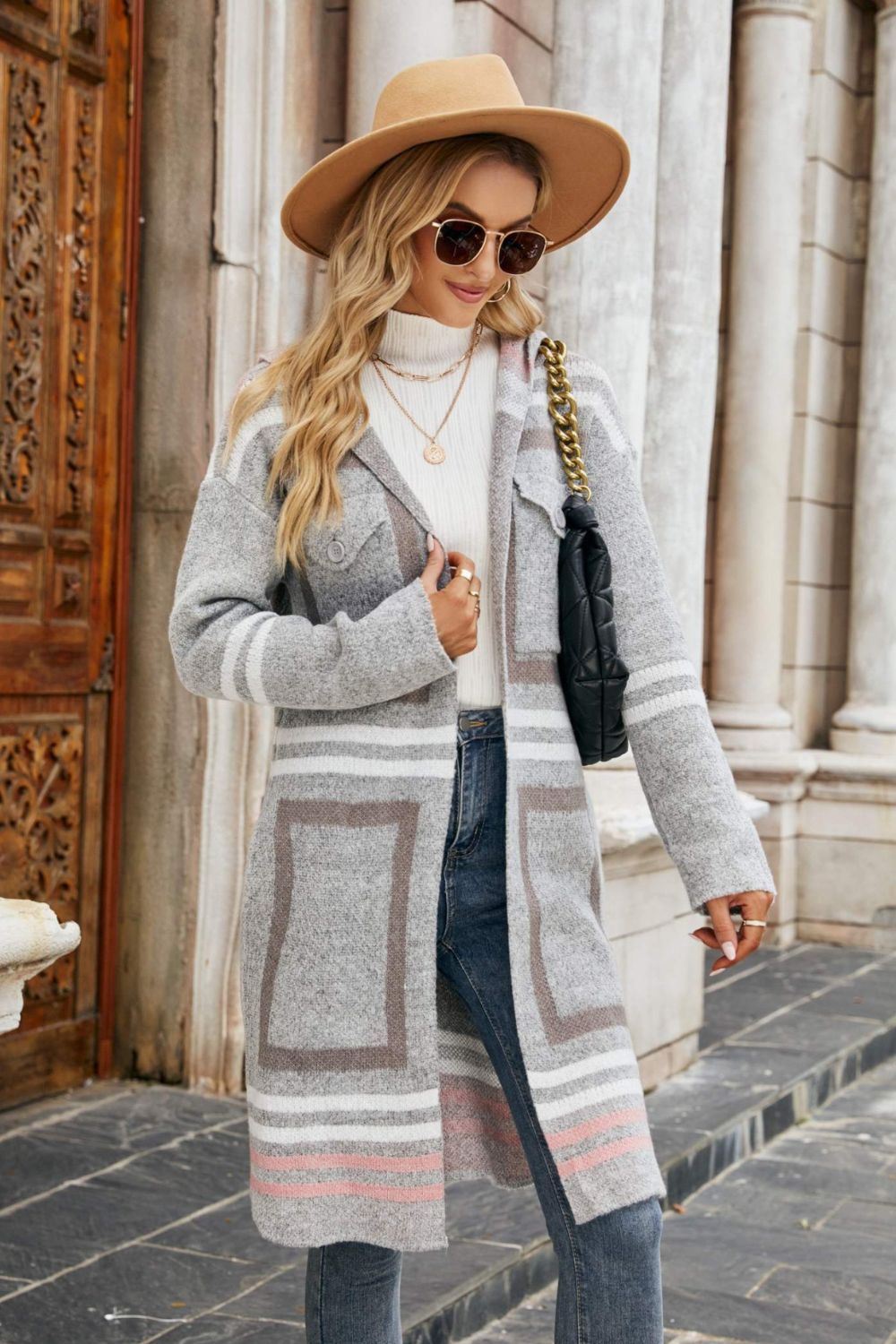 double take printed open front hooded longline cardigan