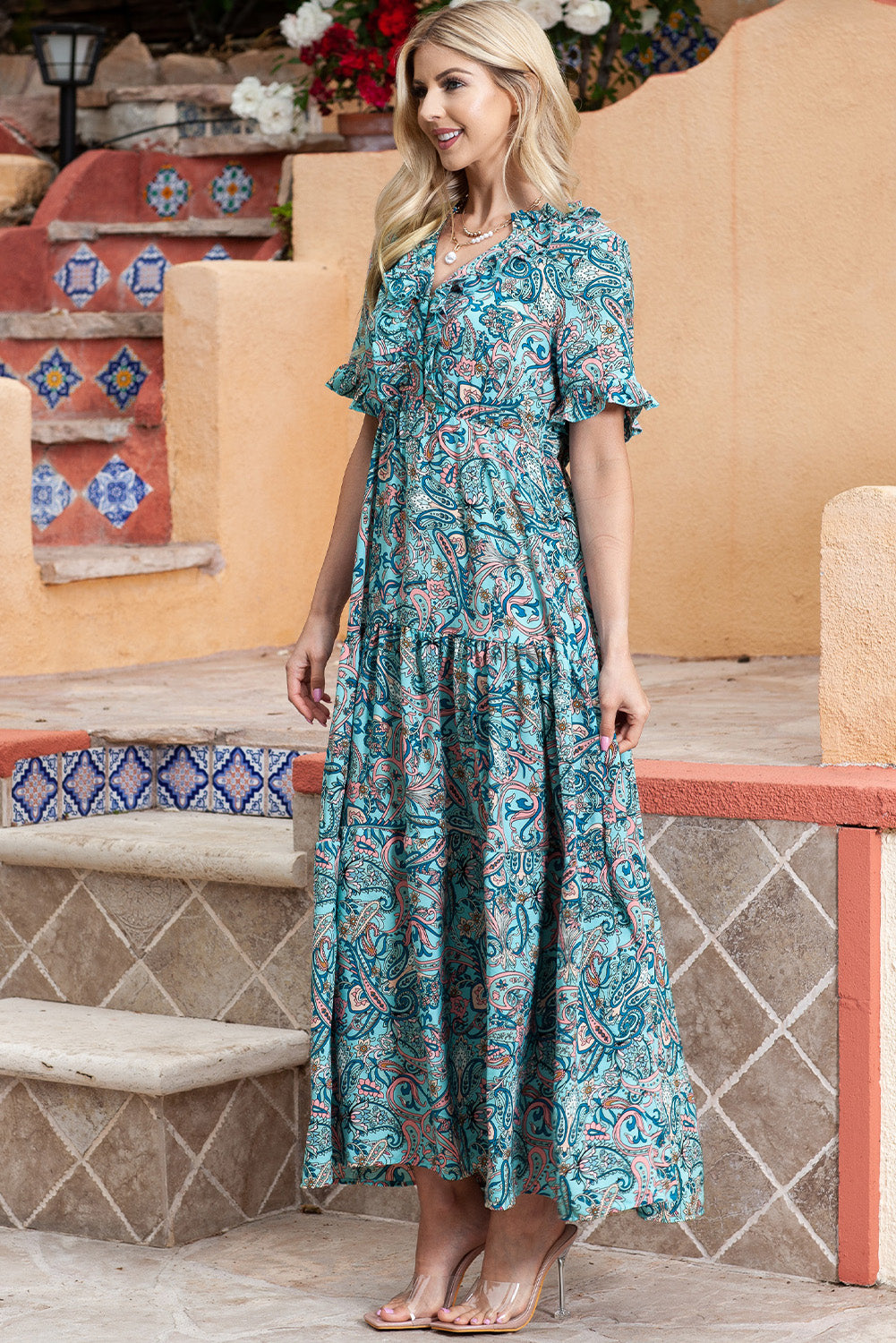 paisley print flounce sleeve maxi dress