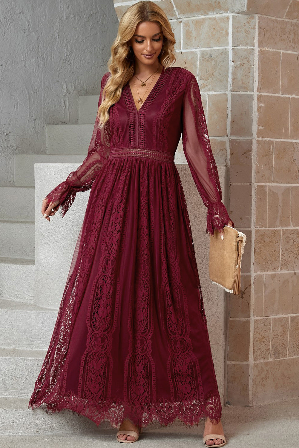 scalloped hem flounce sleeve lace v-neck maxi dress