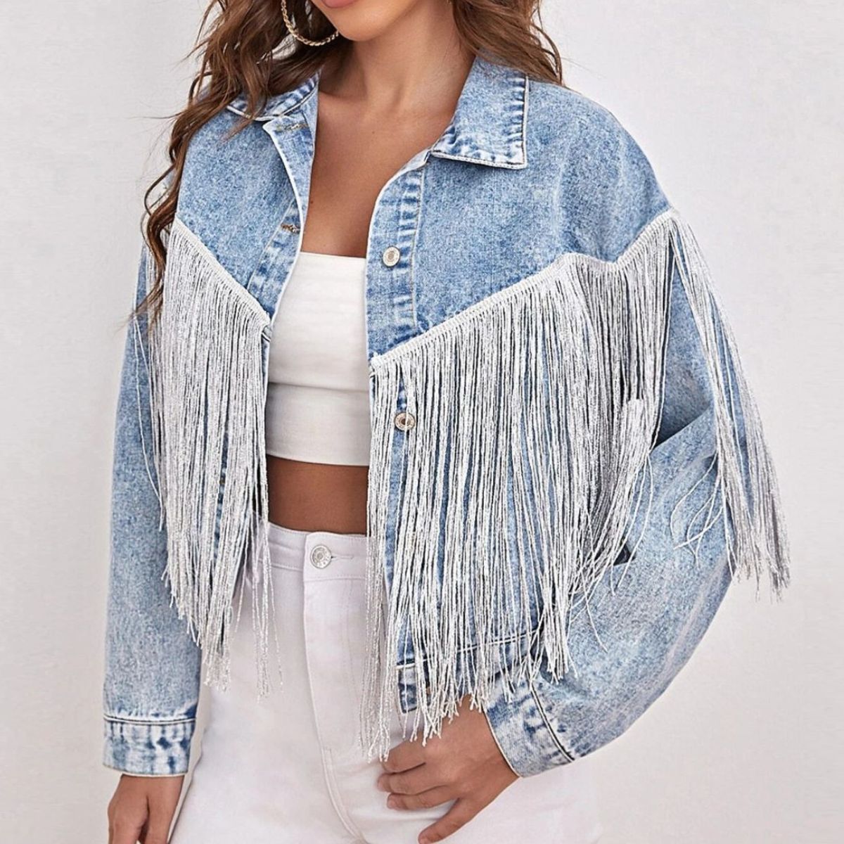 fringe detail collared neck long sleeve denim jacket