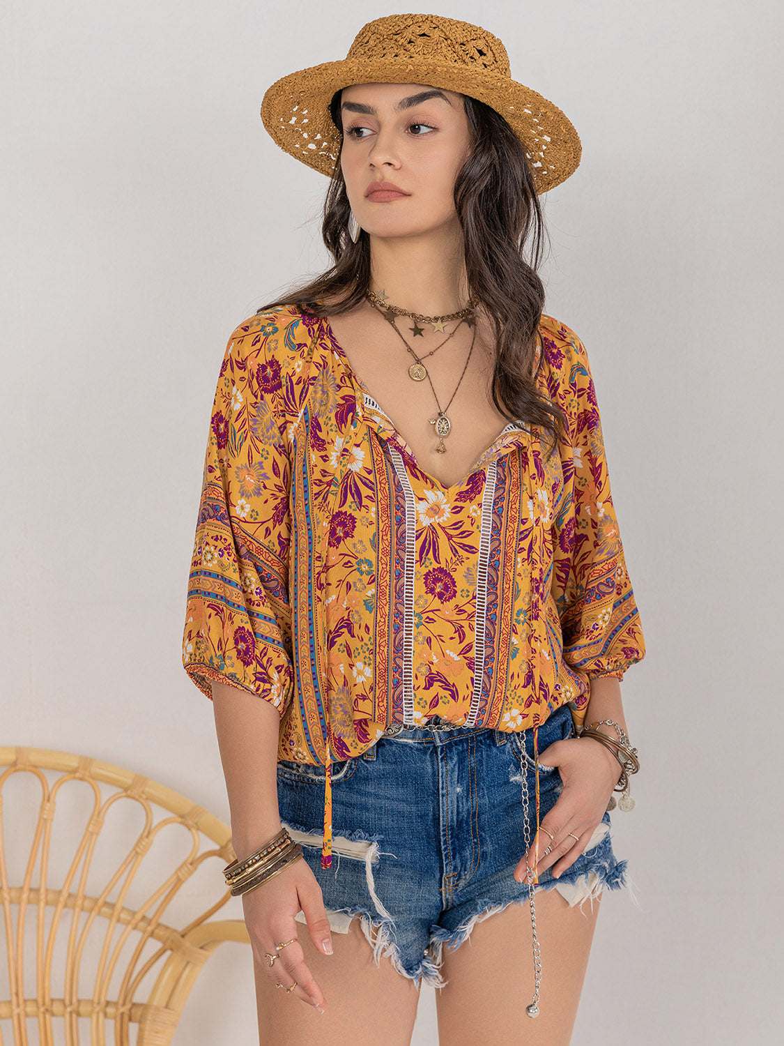 printed tie neck blouse