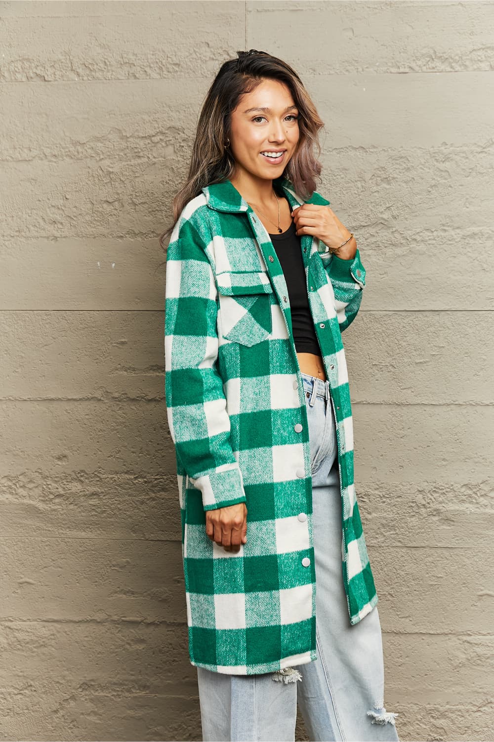 plaid longline shirt jacket