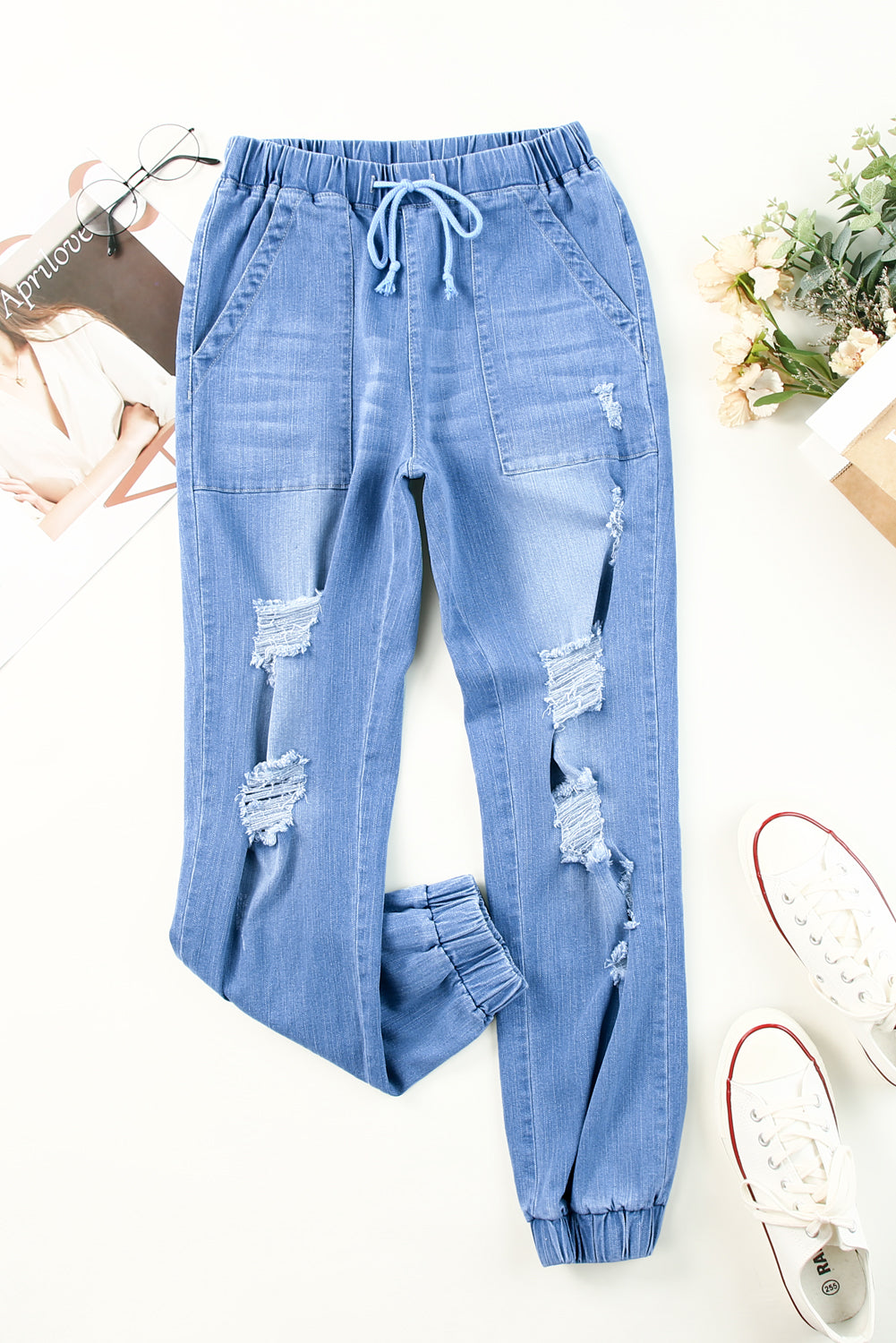 baeful distressed denim pocketed joggers