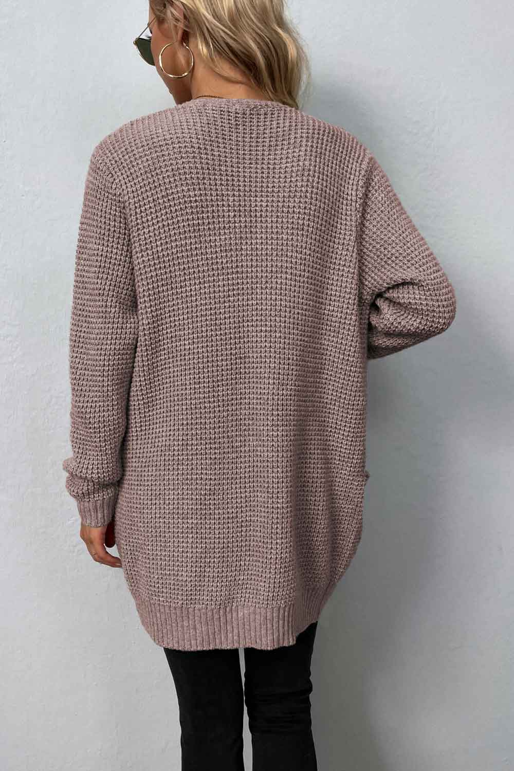 rib-knit open front pocketed cardigan