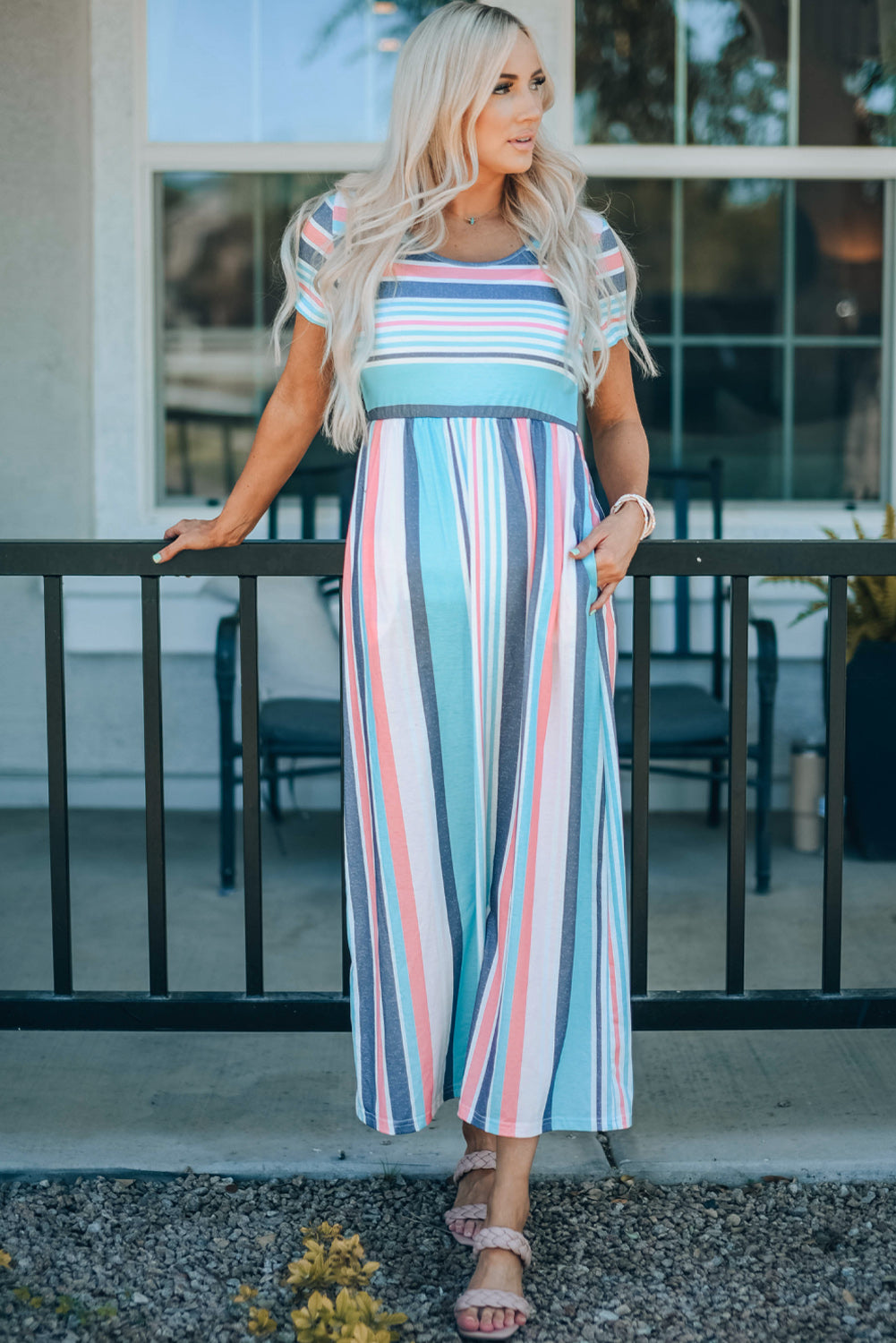 striped print high waist maxi dress