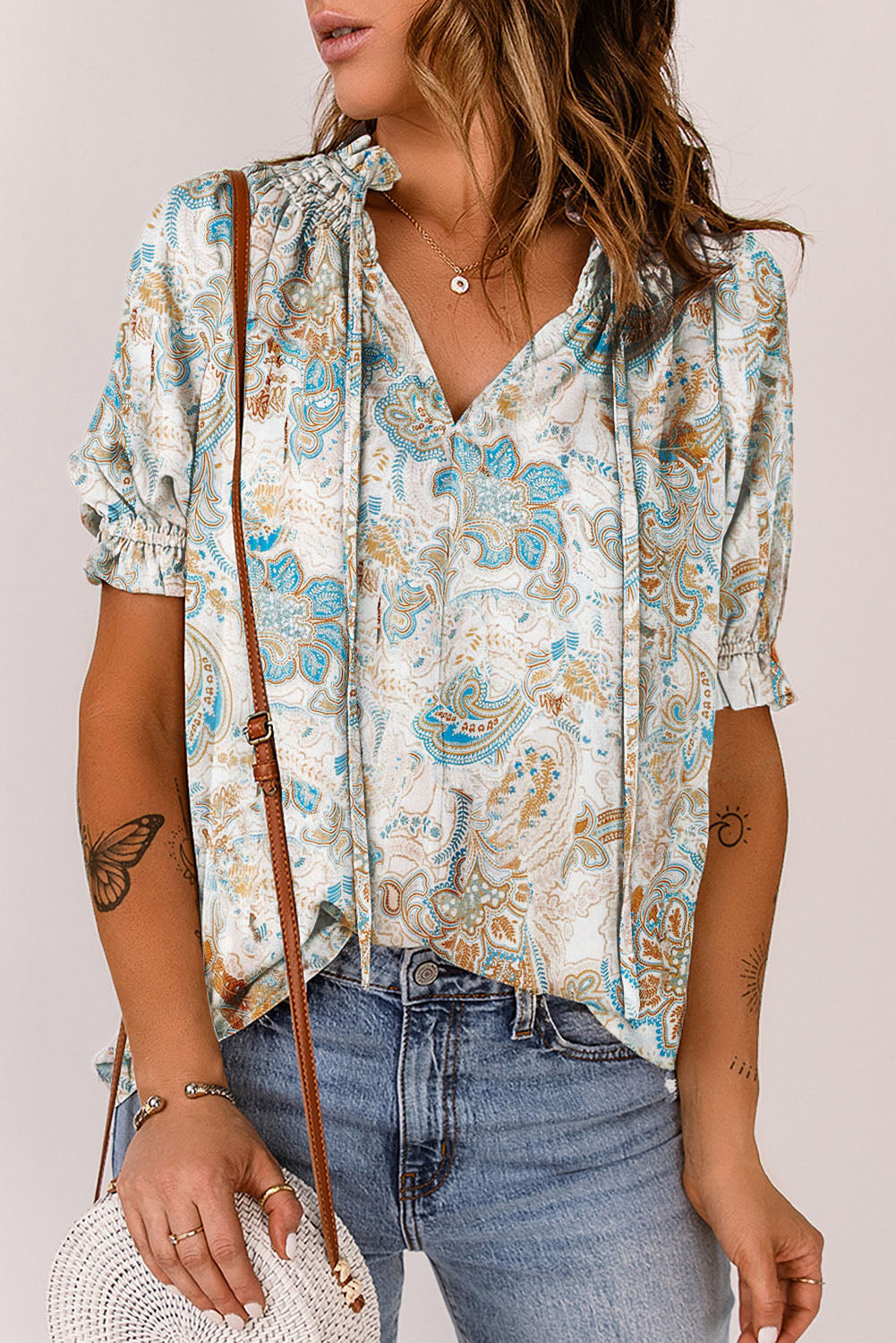 printed tie neck flounce sleeve top