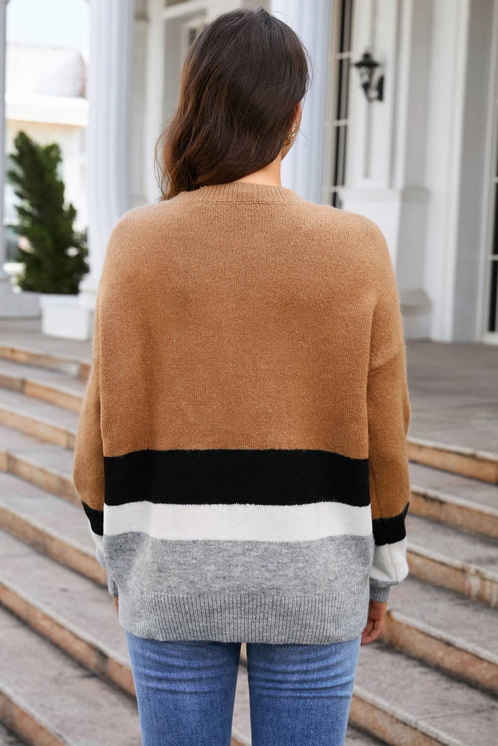 color block round neck sweater