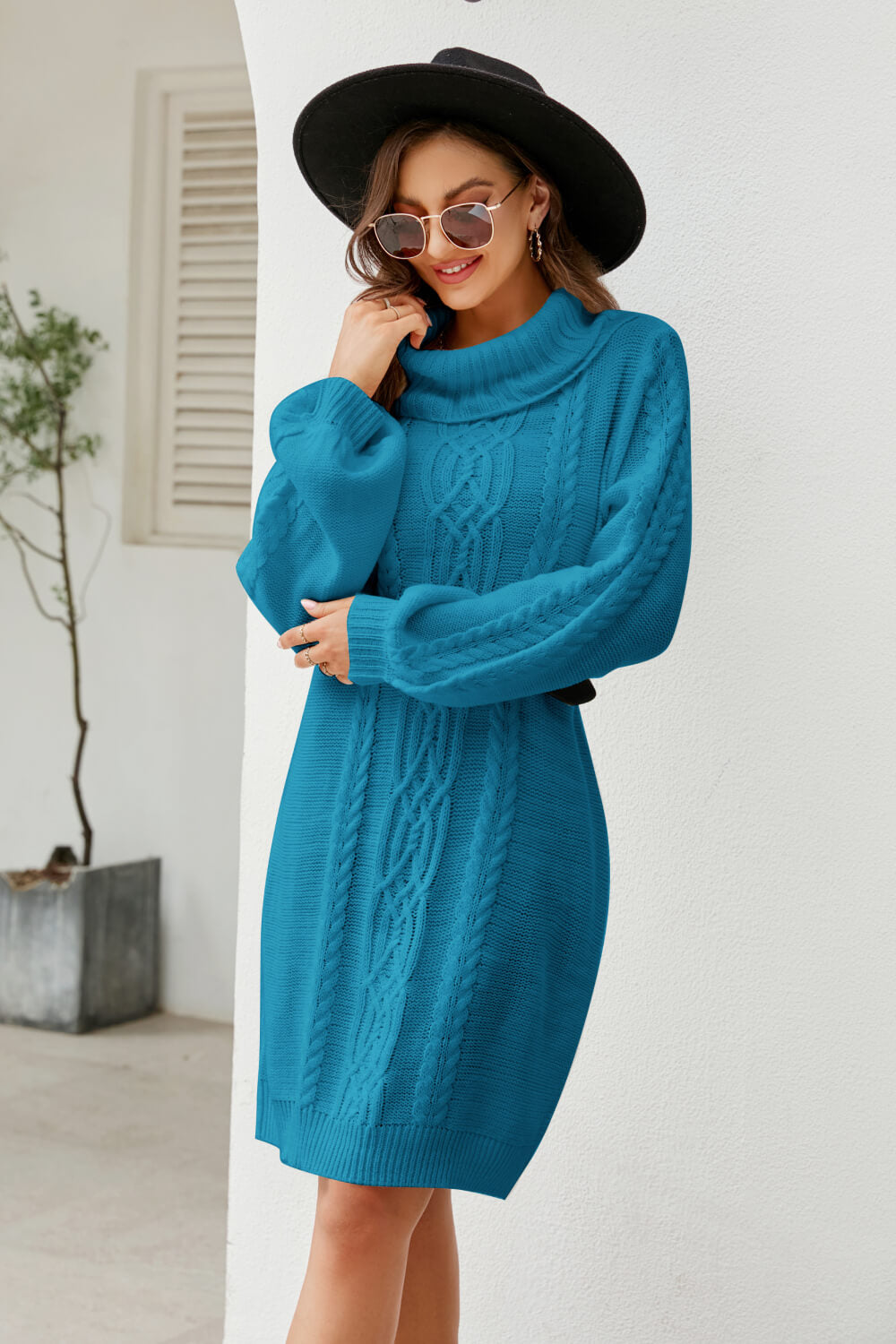 woven right mixed knit turtleneck lantern sleeve sweater dress