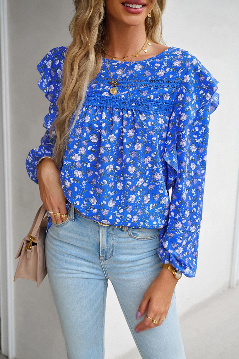 printed round neck long sleeve blouse