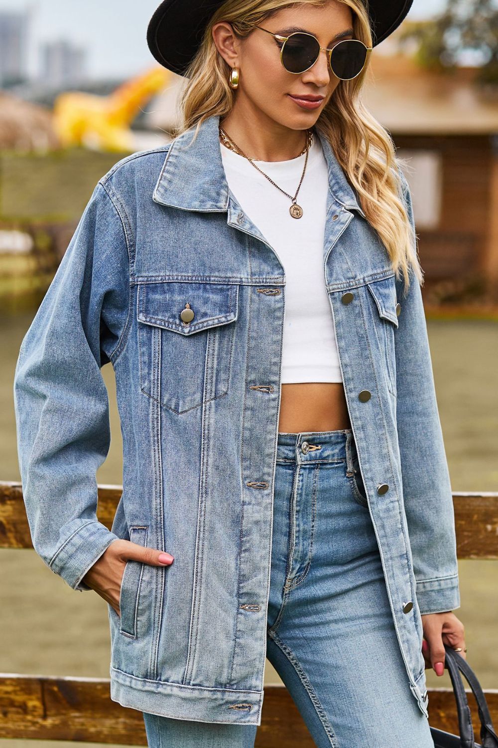 buttoned collared neck denim jacket with pockets