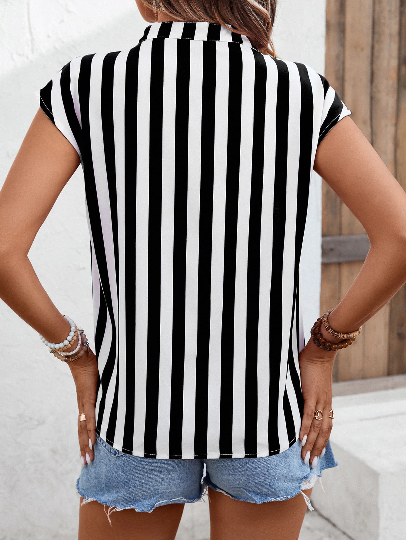 striped notched neck cap sleeve blouse