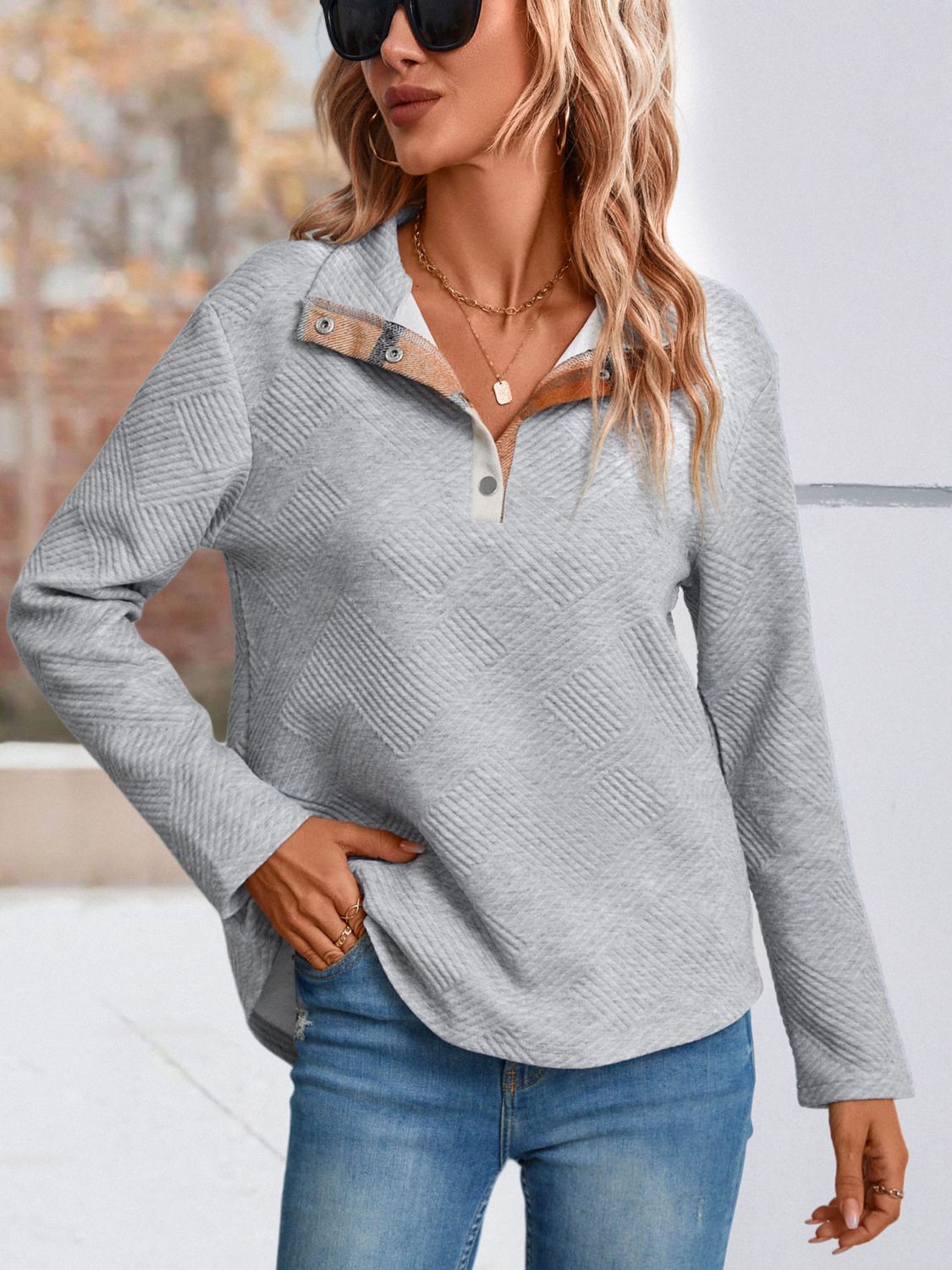 double take spliced plaid quarter-snap mock neck top
