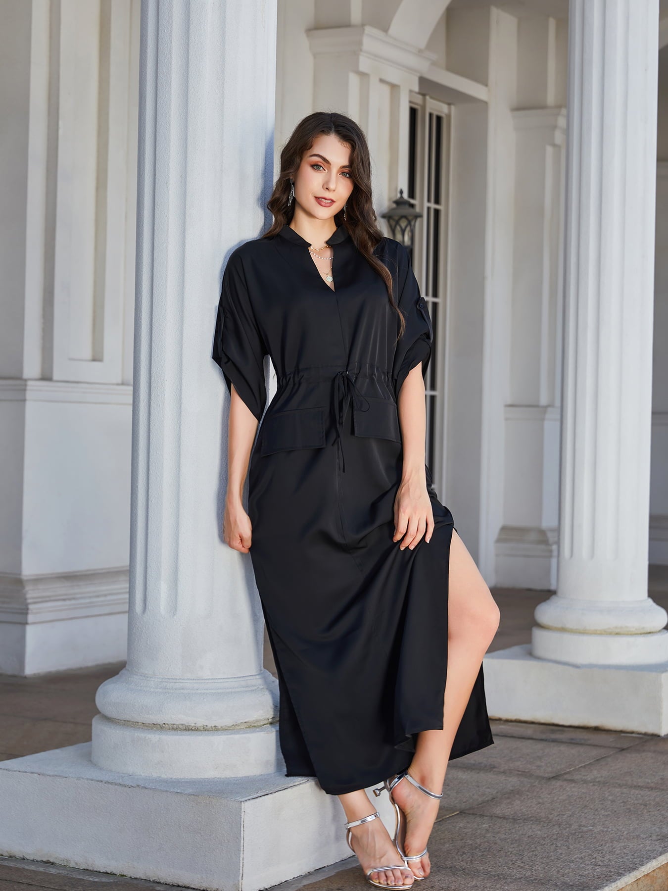 high slit roll-tab sleeve notched neck maxi dress