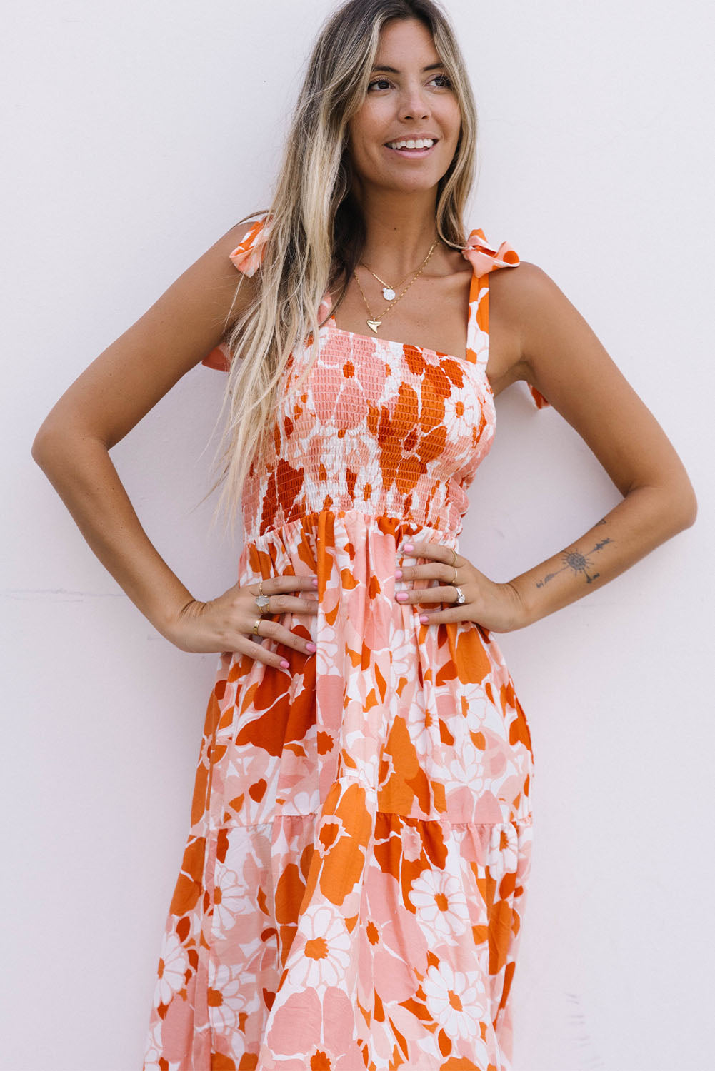 floral tie-shoulder smocked maxi dress