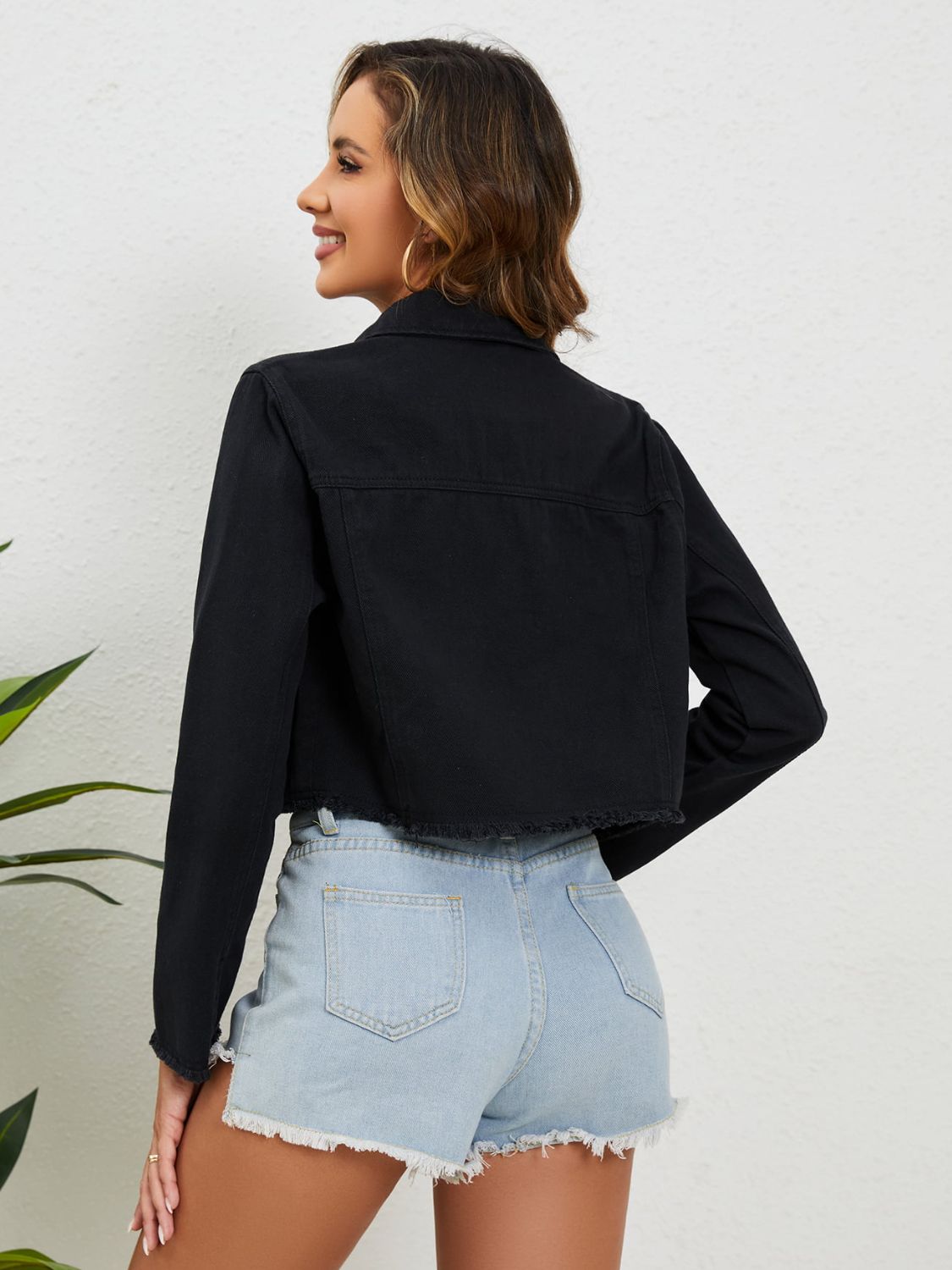 collared neck raw hem denim jacket