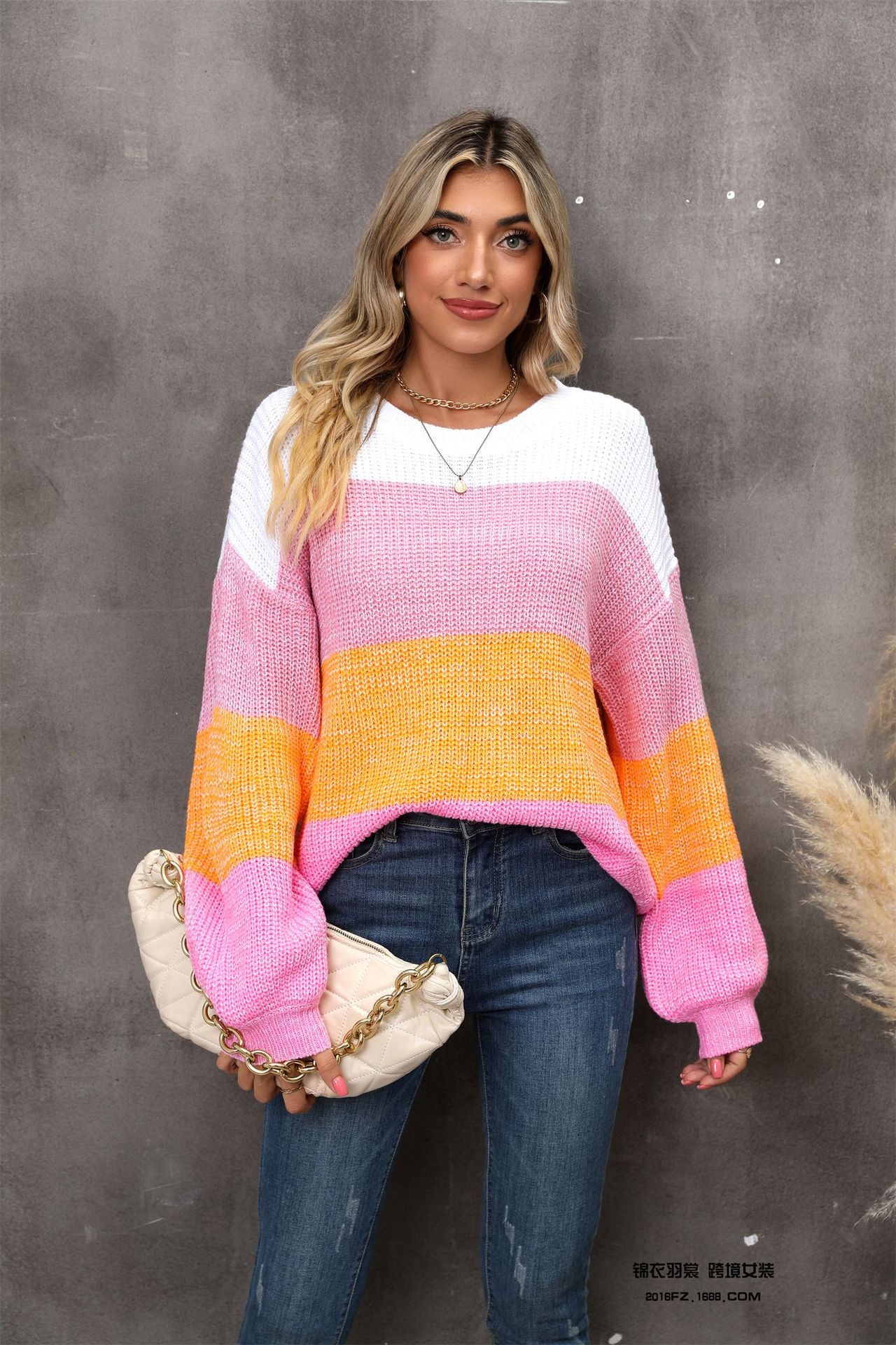 color block round neck dropped shoulder sweater