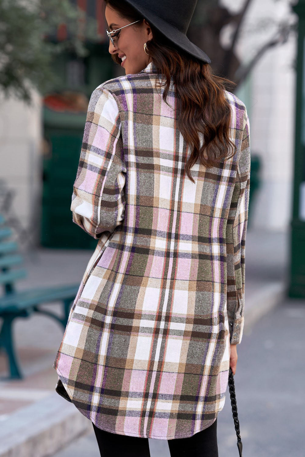 plaid button-up longline shirt jacket