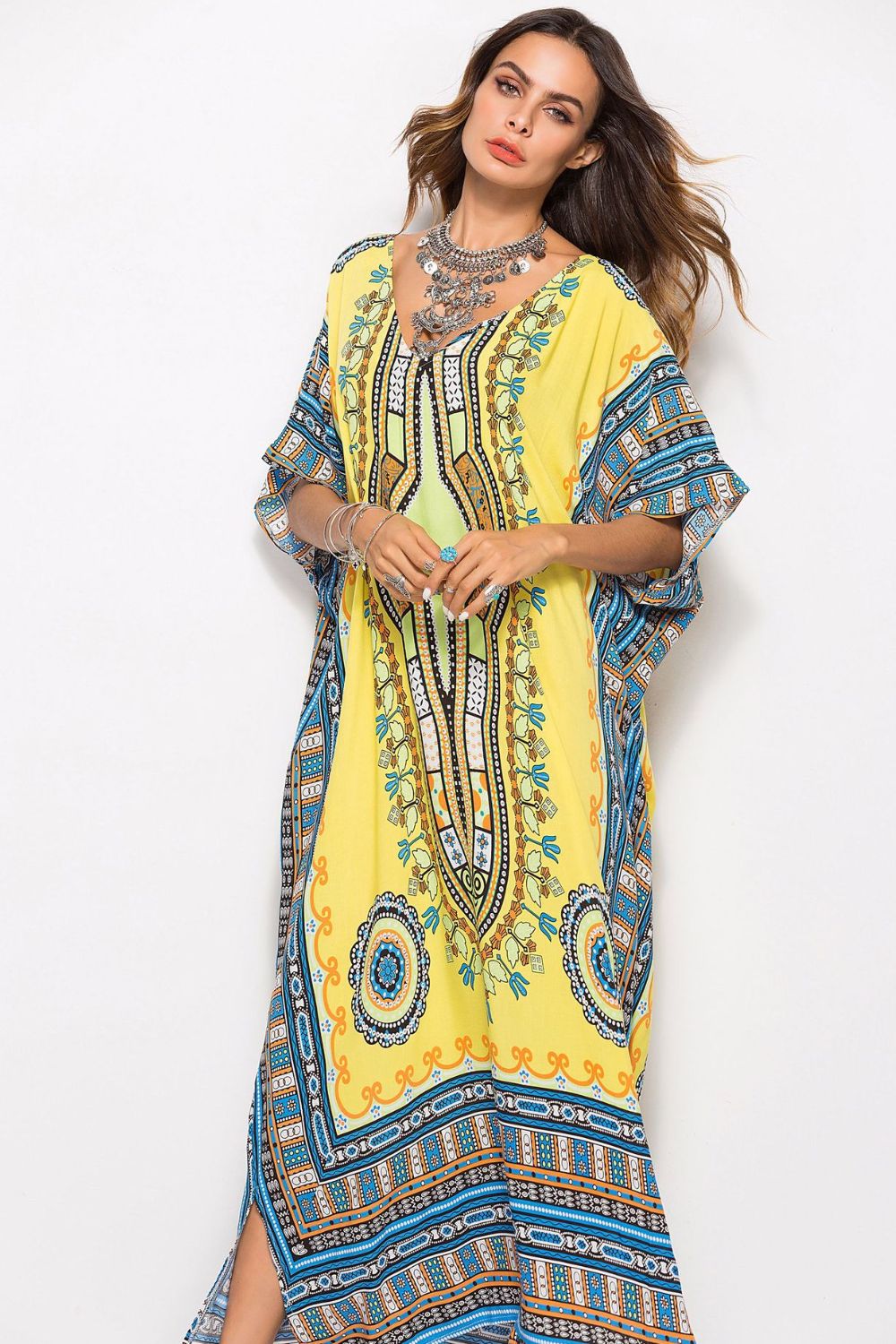 printed v-neck side slit maxi dress