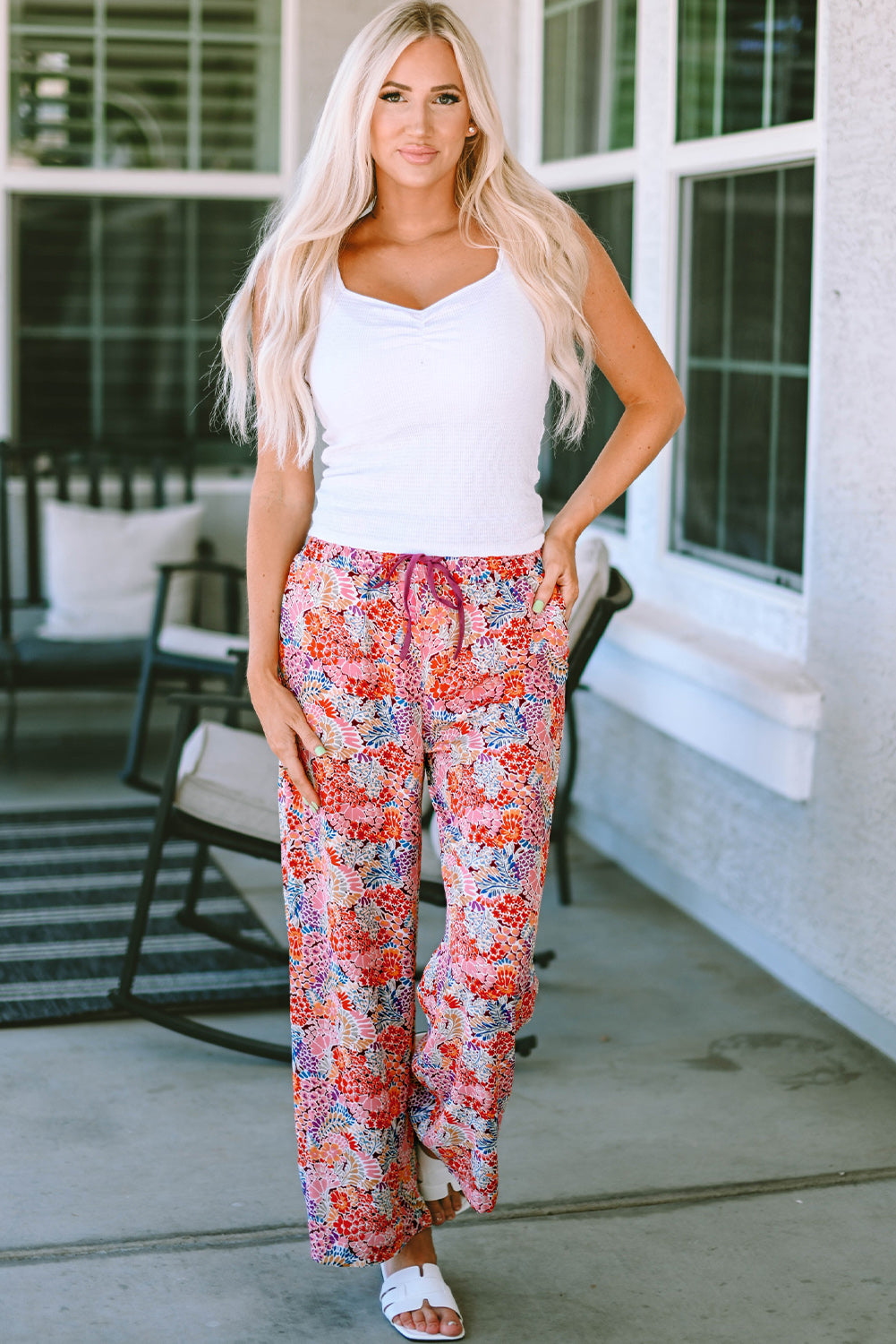 printed tie waist wide leg long pants