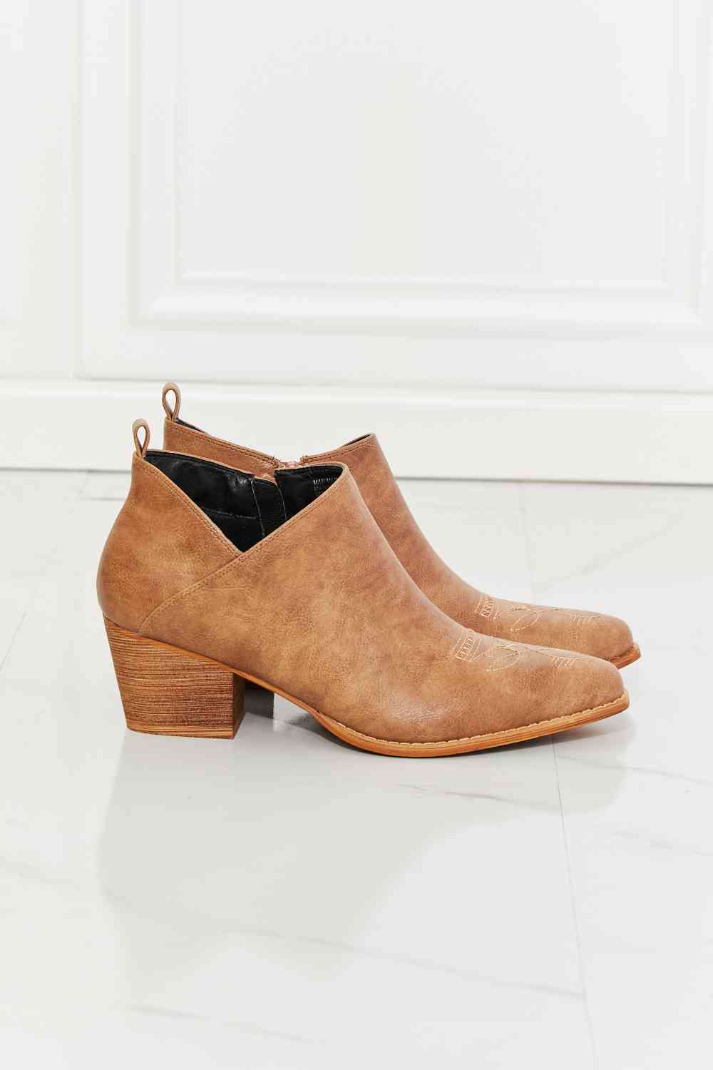 mmshoes trust yourself embroidered crossover cowboy bootie in caramel